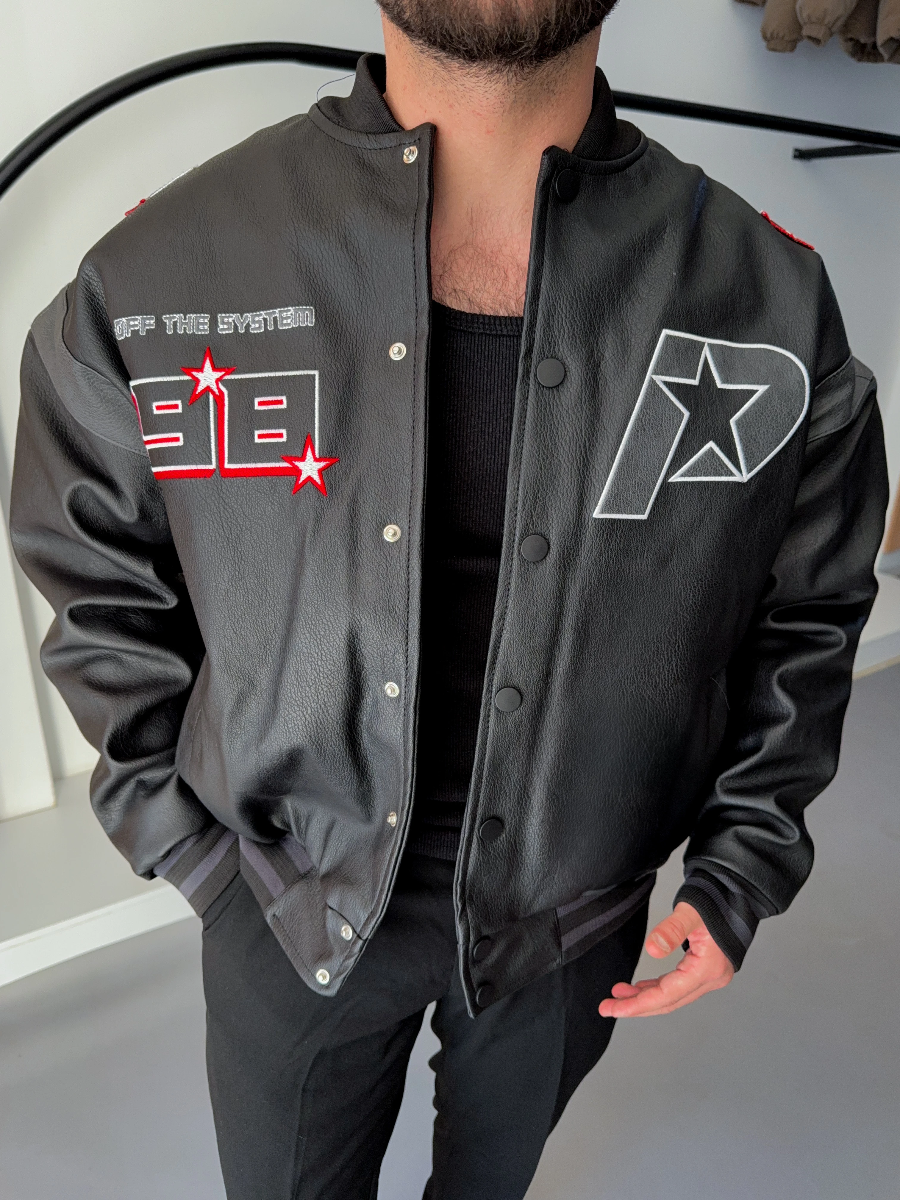 Oversize Bomber Armali Siyah Deri Kolej Montu (Premium Ürün)