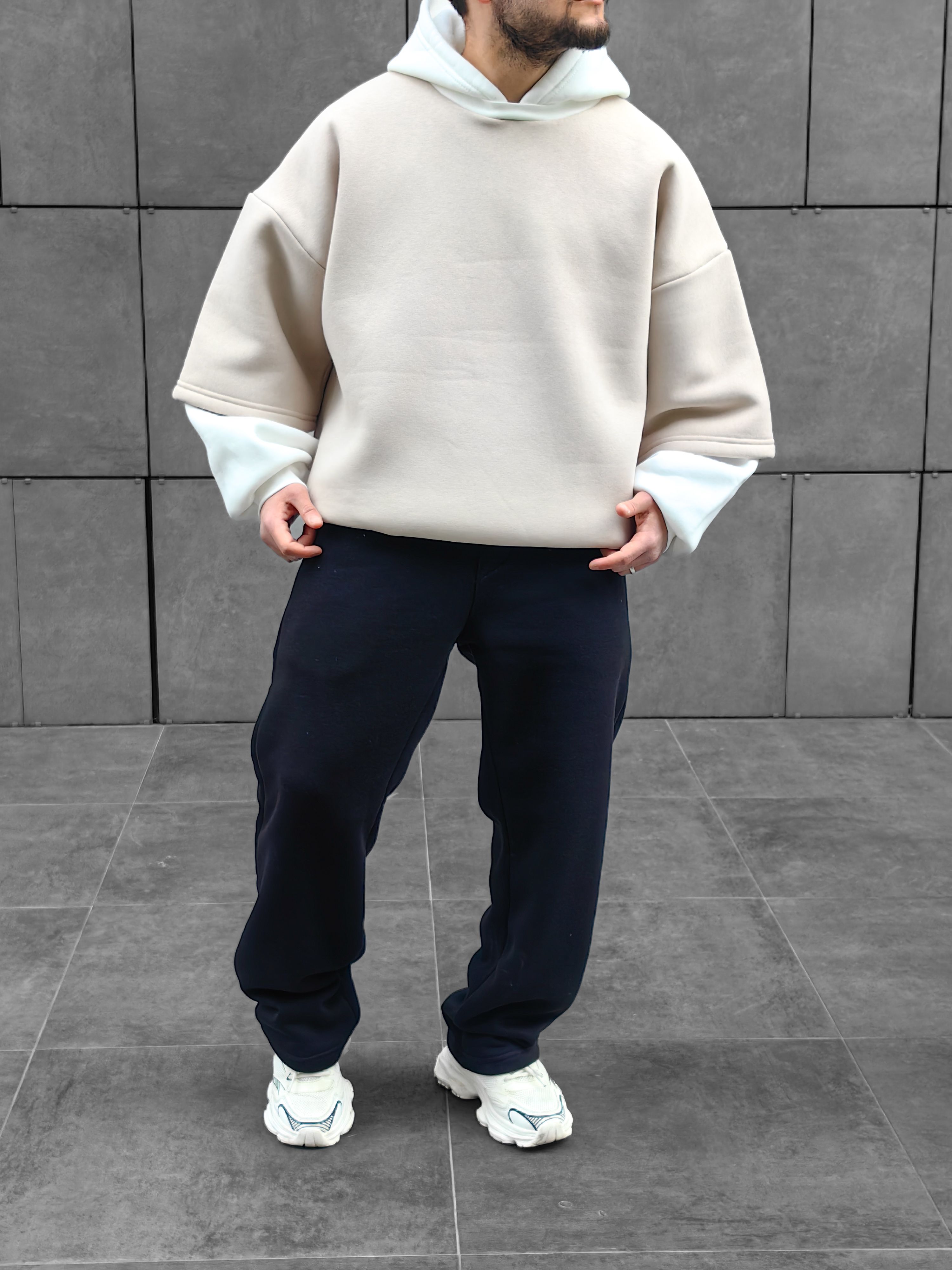 Bej Çift Katlı Basic Extra Oversize Hoodie