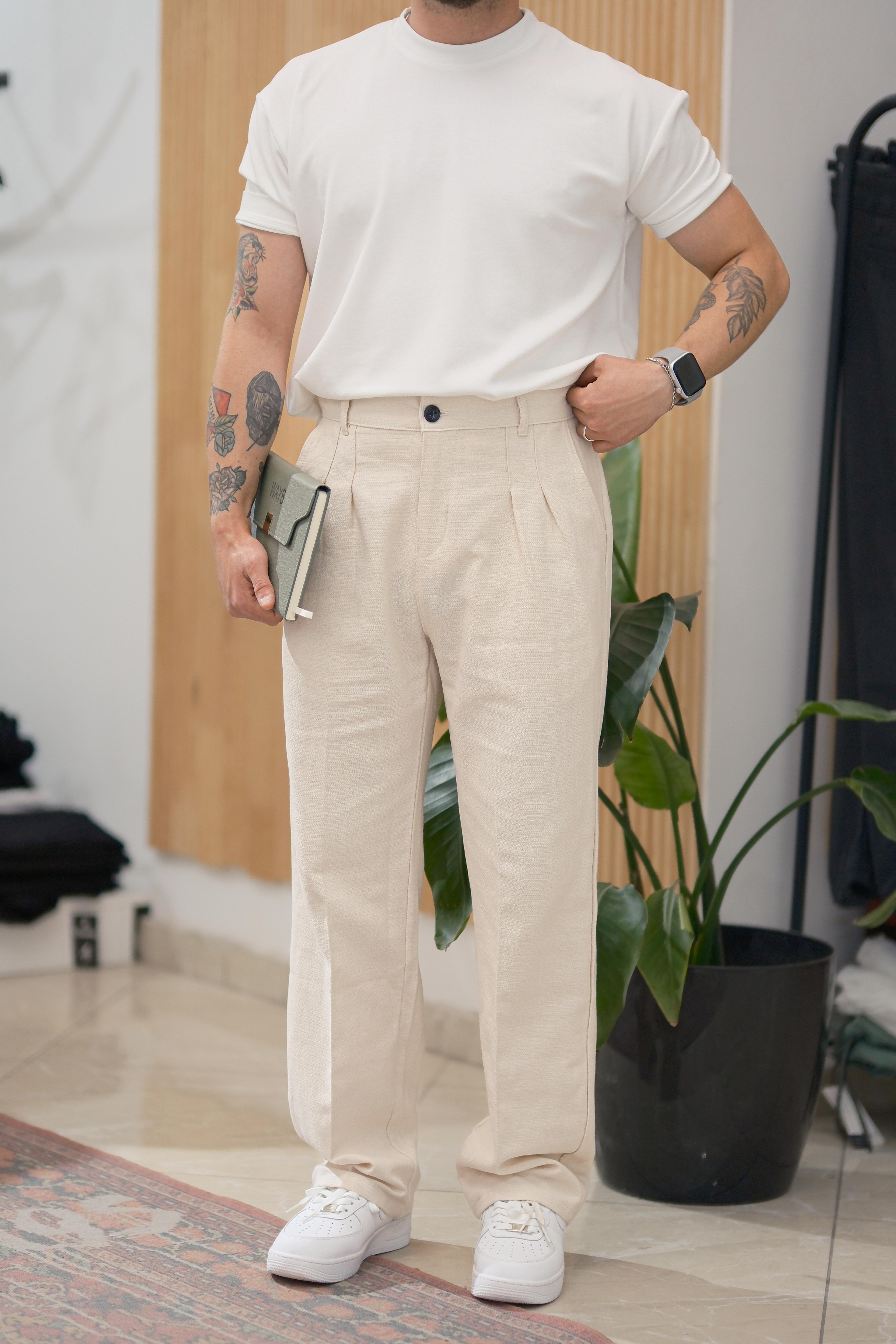 Bej Baggy Keten Pantolon 