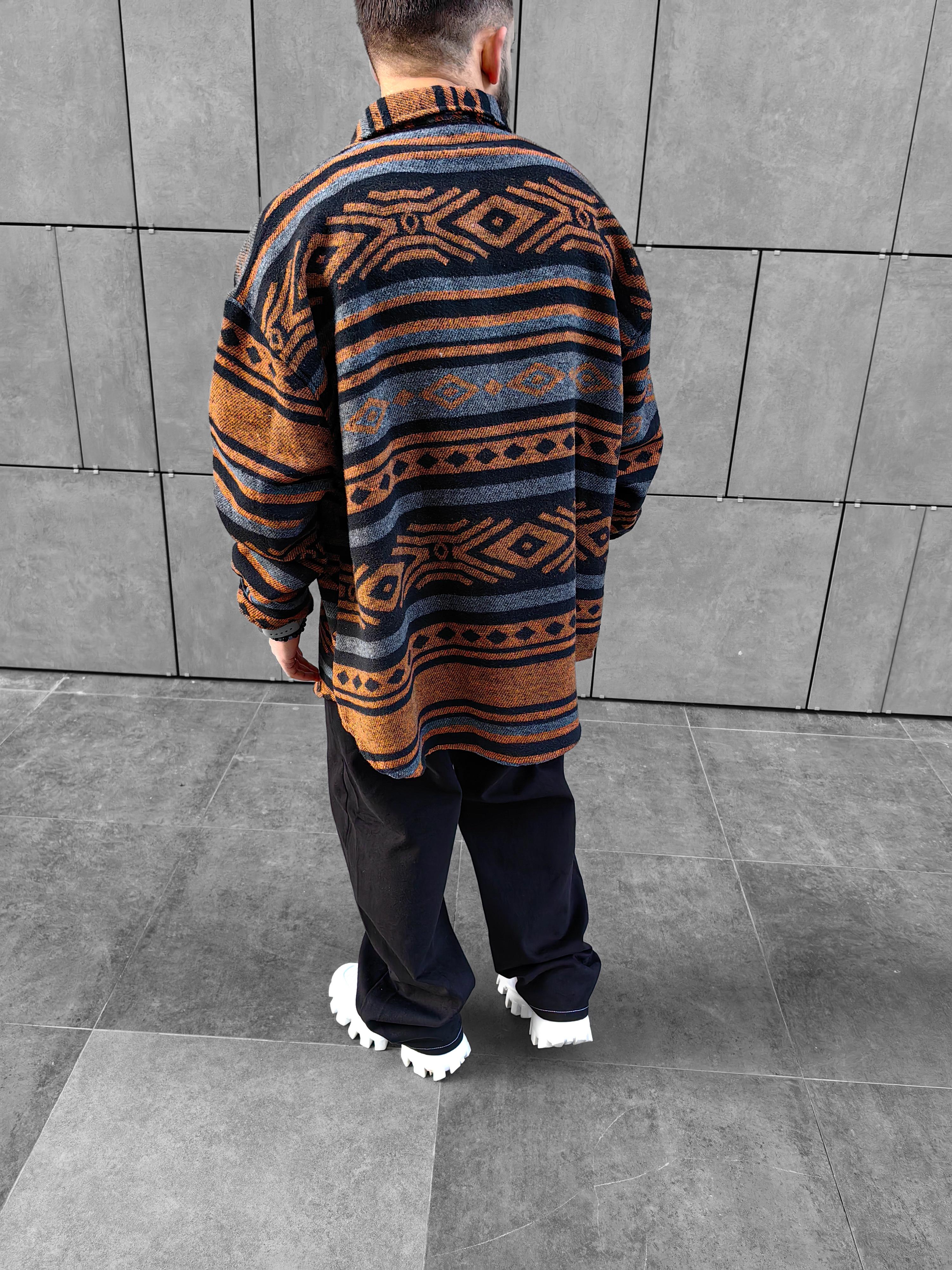 Kahverengi Desenli Extra Oversize Kaşe Gömlek