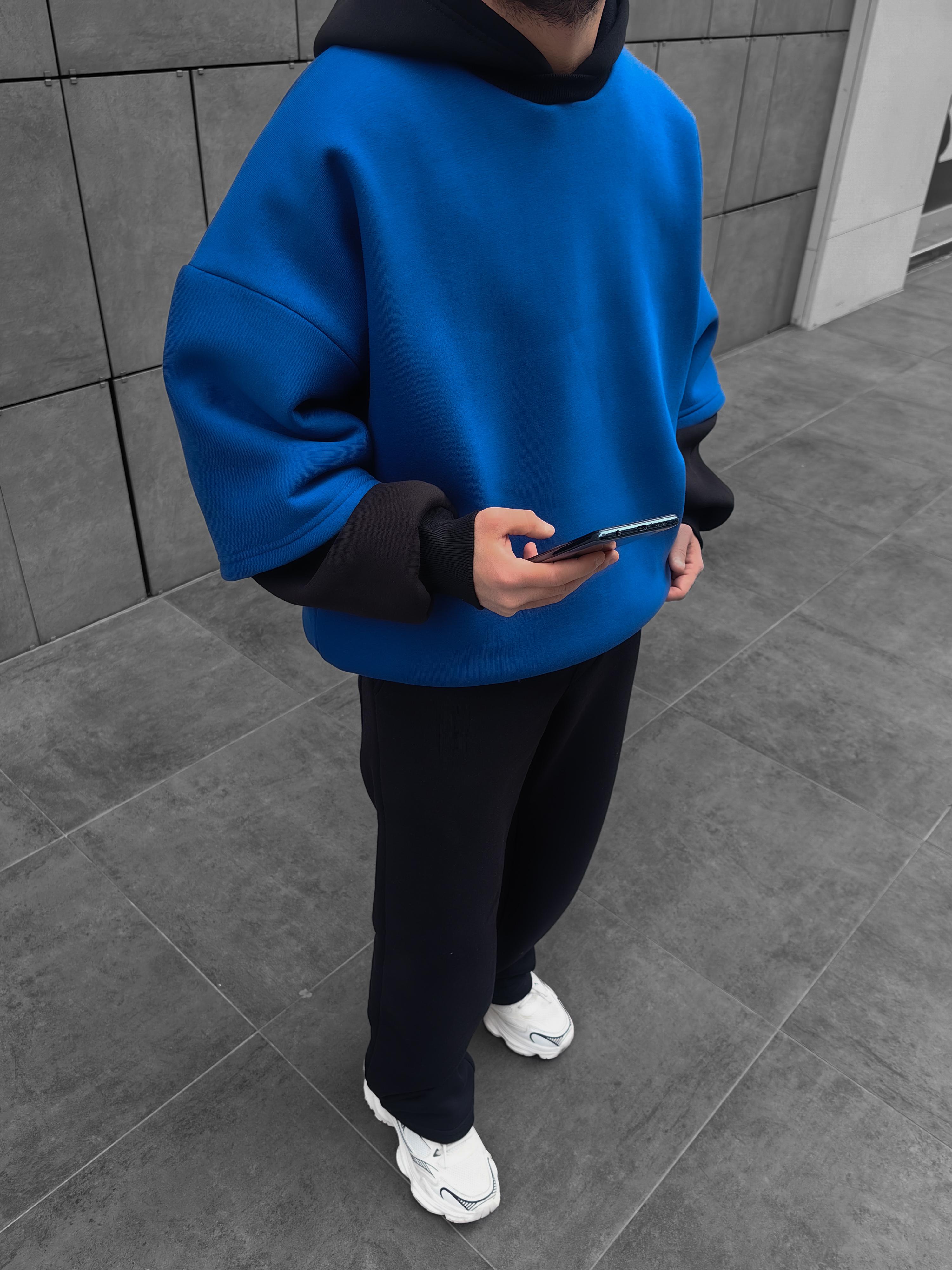 Sax Blue Çift Katlı Basic Extra Oversize Hoodie