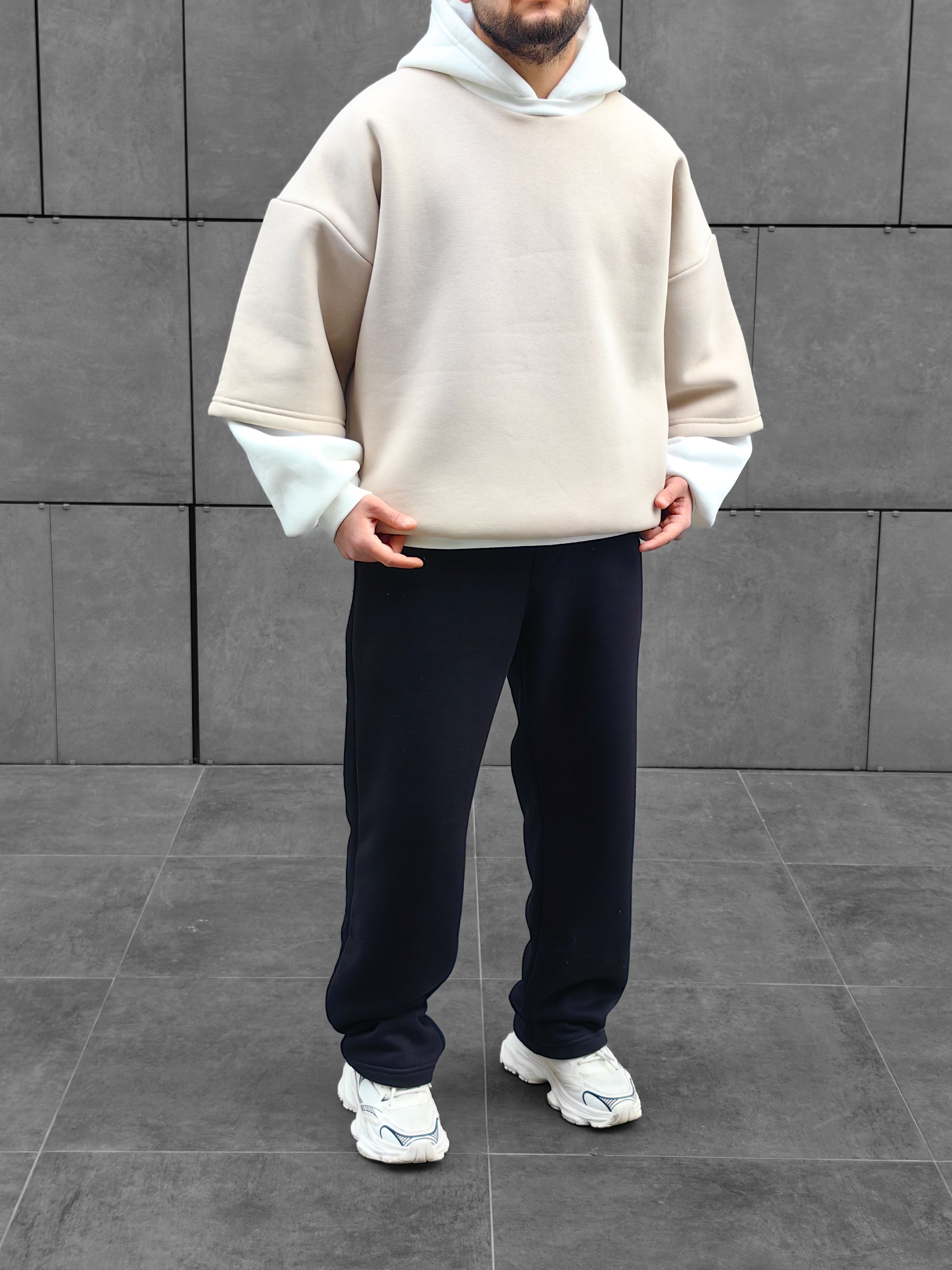 Bej Çift Katlı Basic Extra Oversize Hoodie