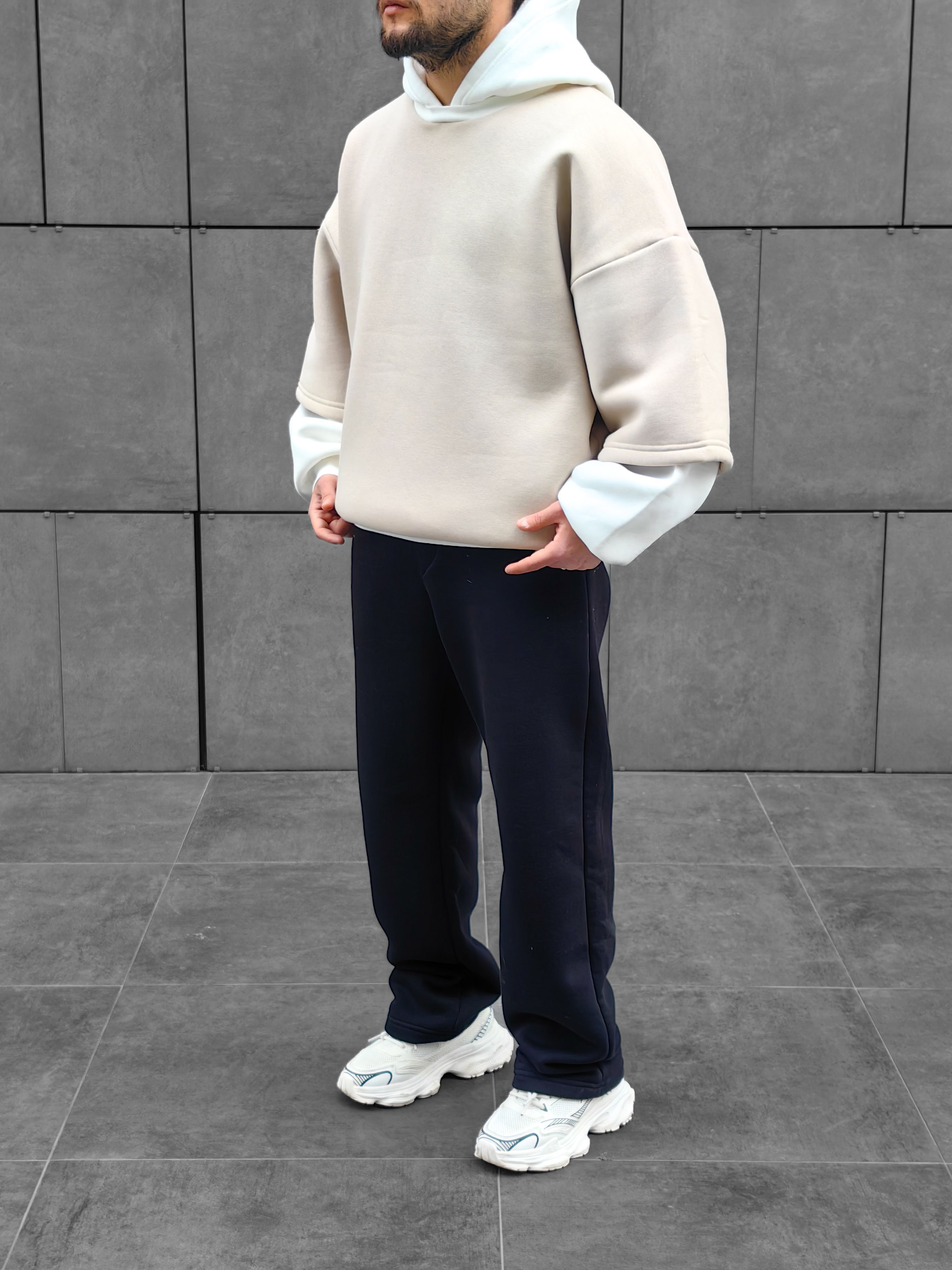 Bej Çift Katlı Basic Extra Oversize Hoodie