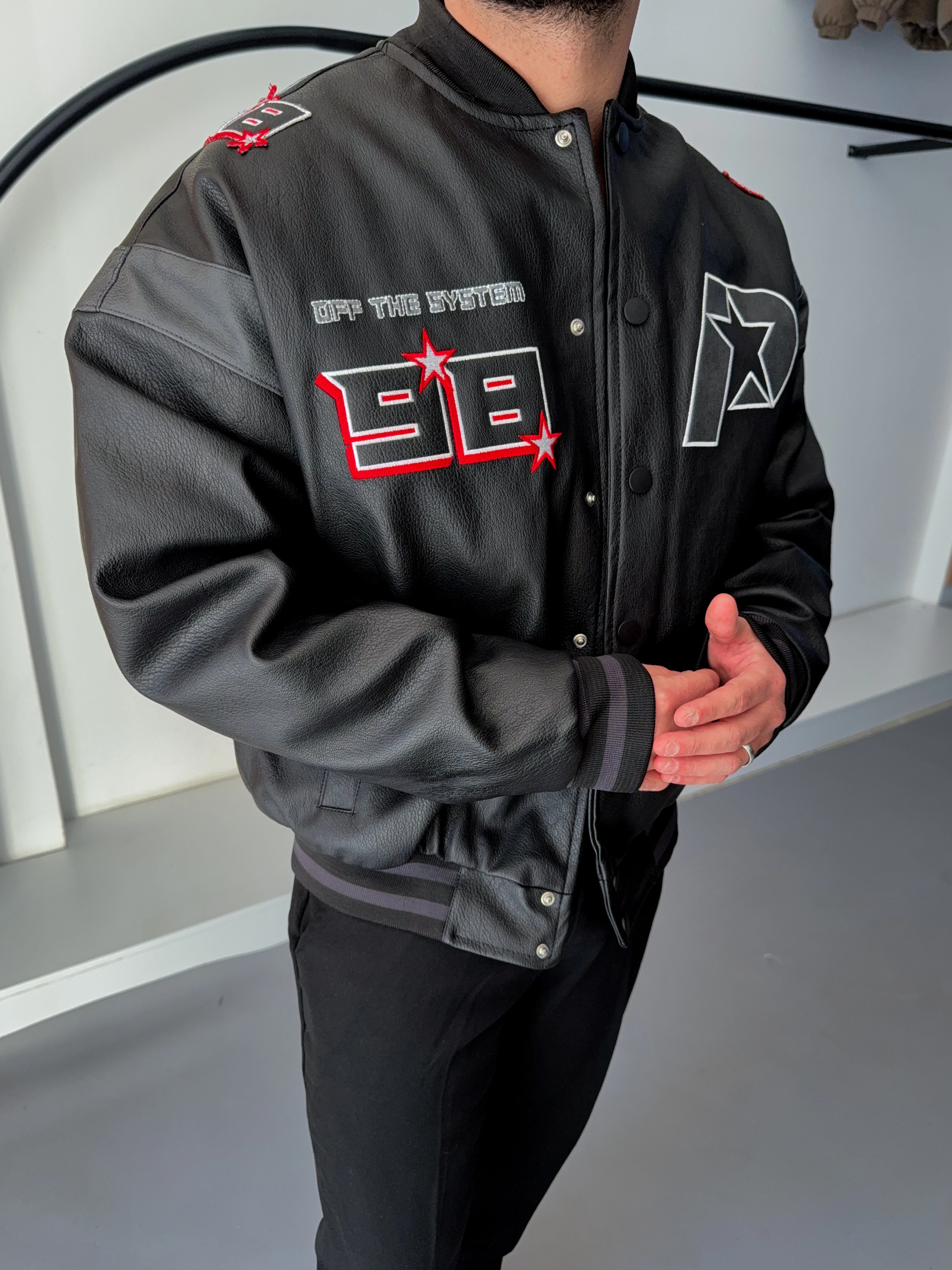 Oversize Bomber Armali Siyah Deri Kolej Montu (Premium Ürün)