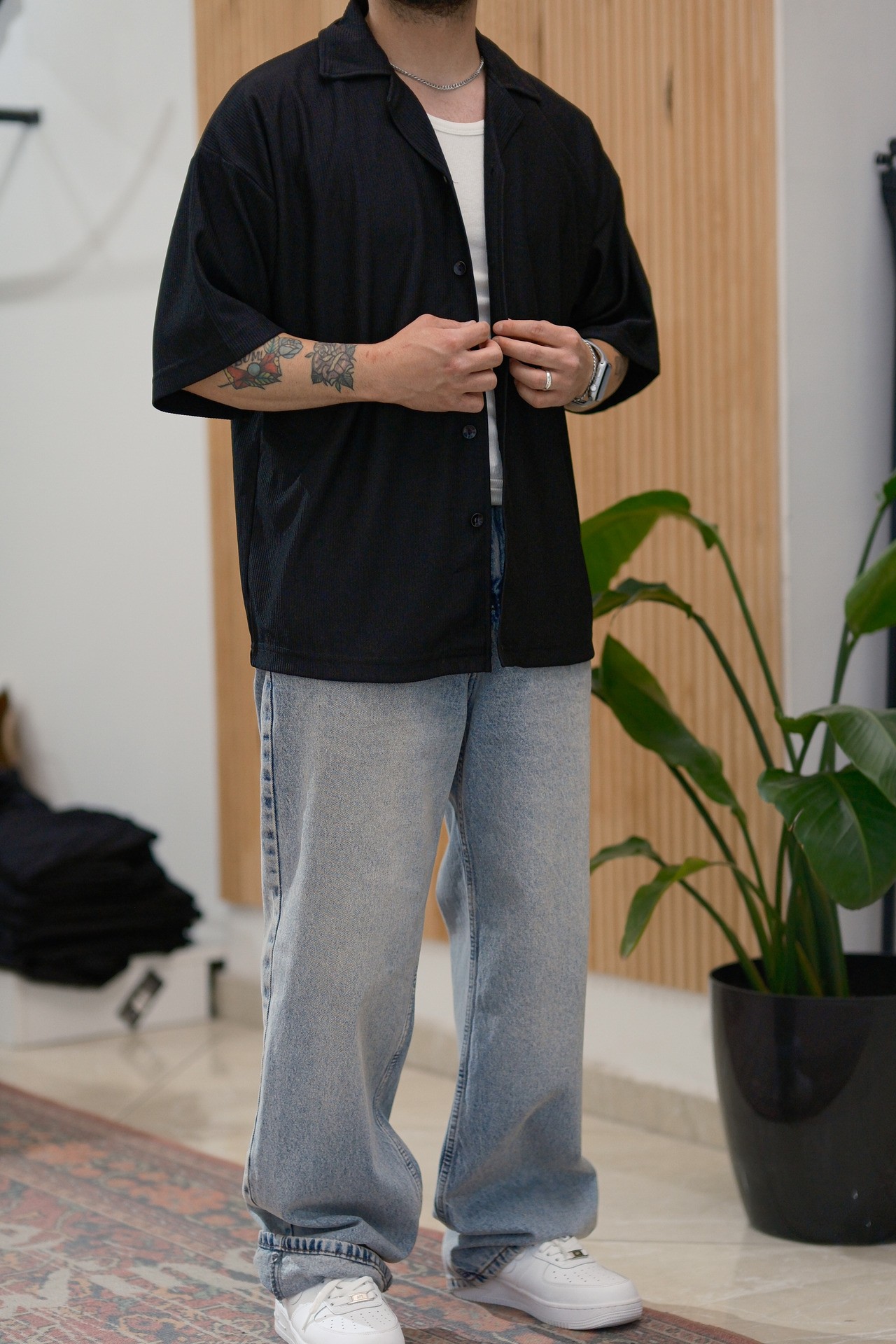 Siyah Fitilli Extra Oversize Old Money Gömlek 