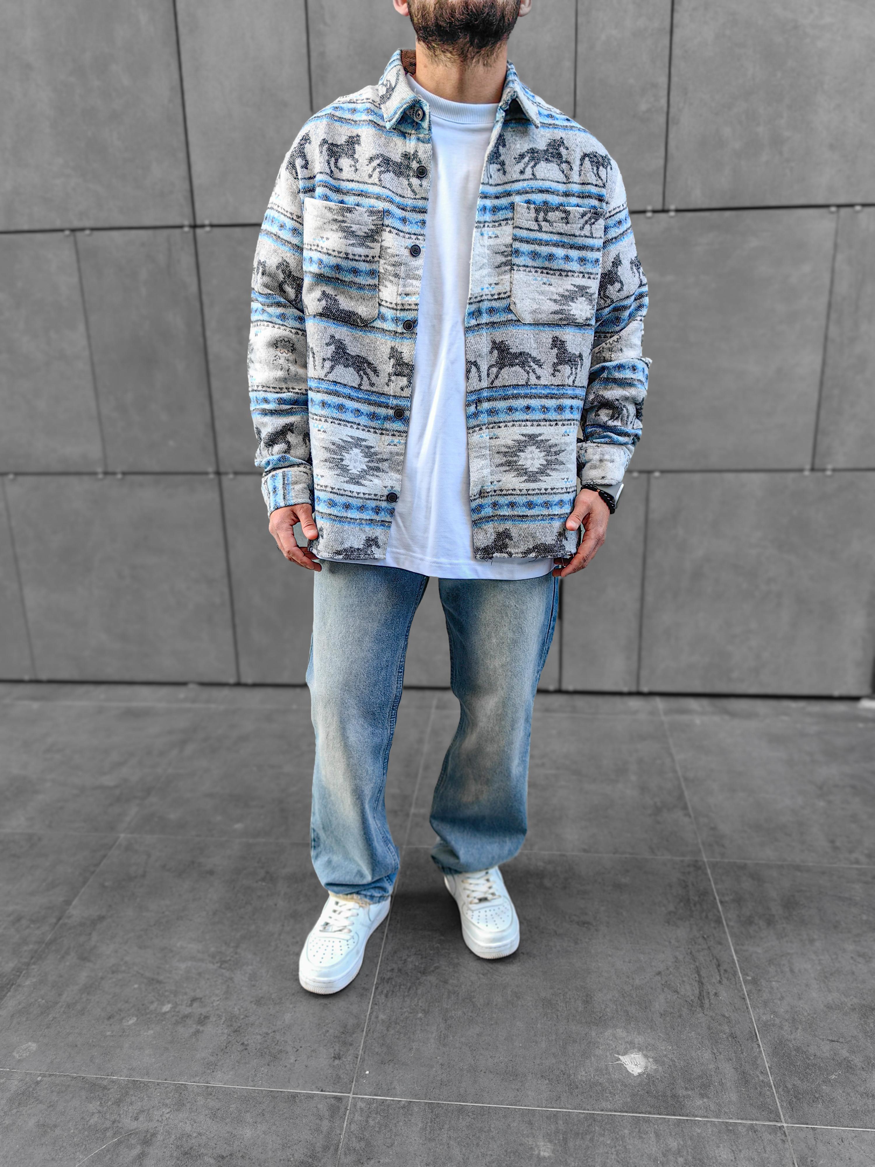 Babyblue / Gray Oversize Oduncu Gömleği (Premium Kalite)