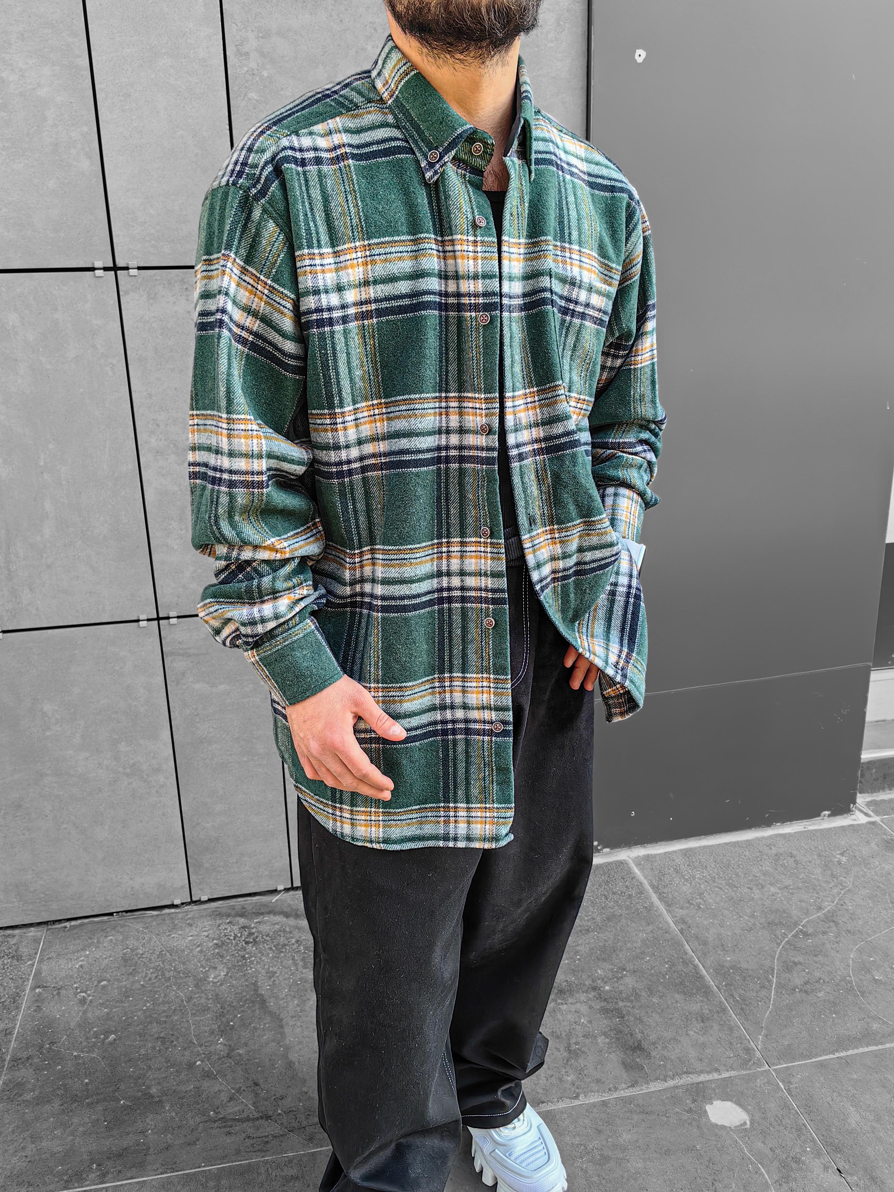 Yeşil Vintage Desenli Oversize Oduncu Gömleği