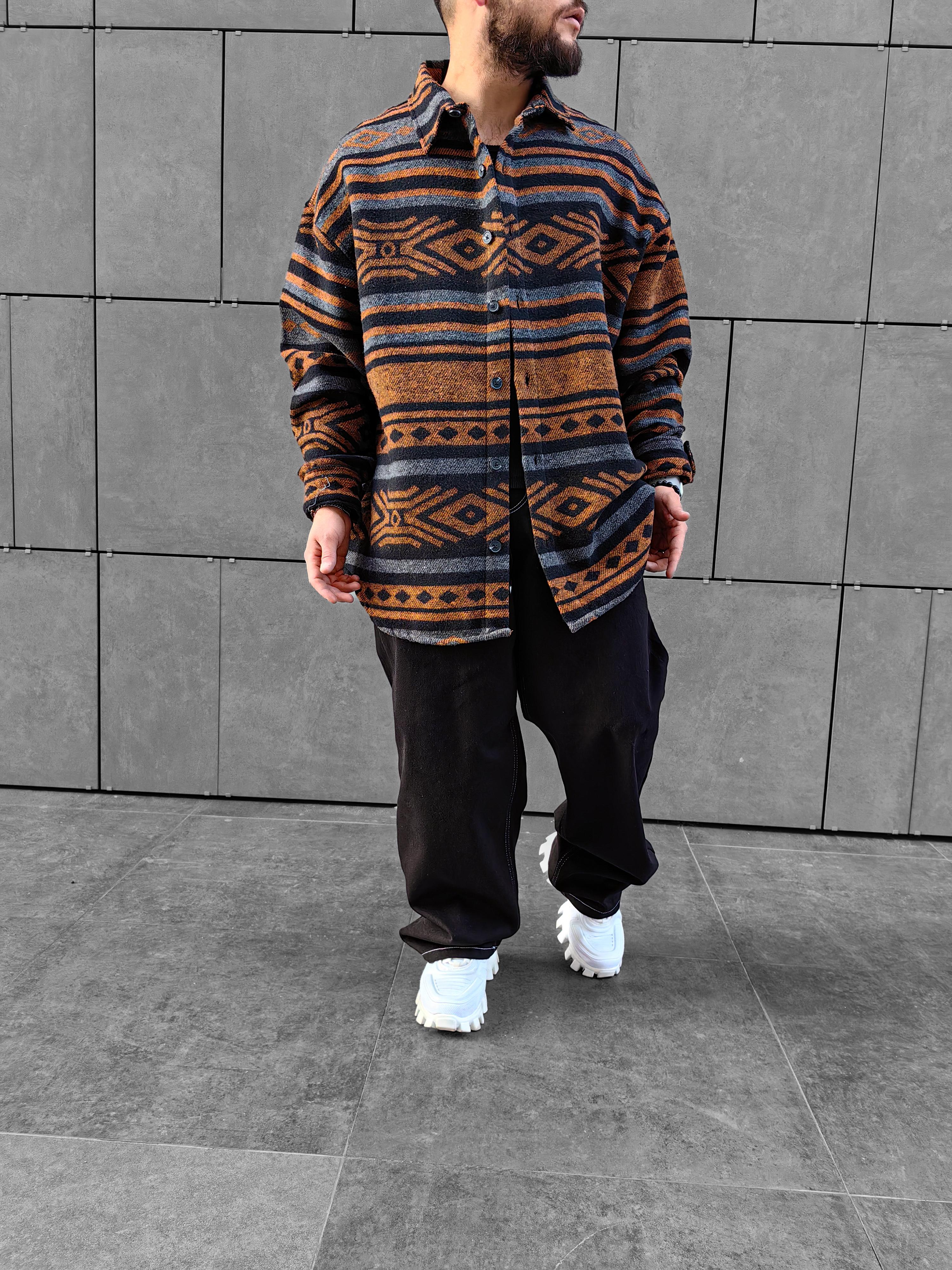 Kahverengi Desenli Extra Oversize Kaşe Gömlek