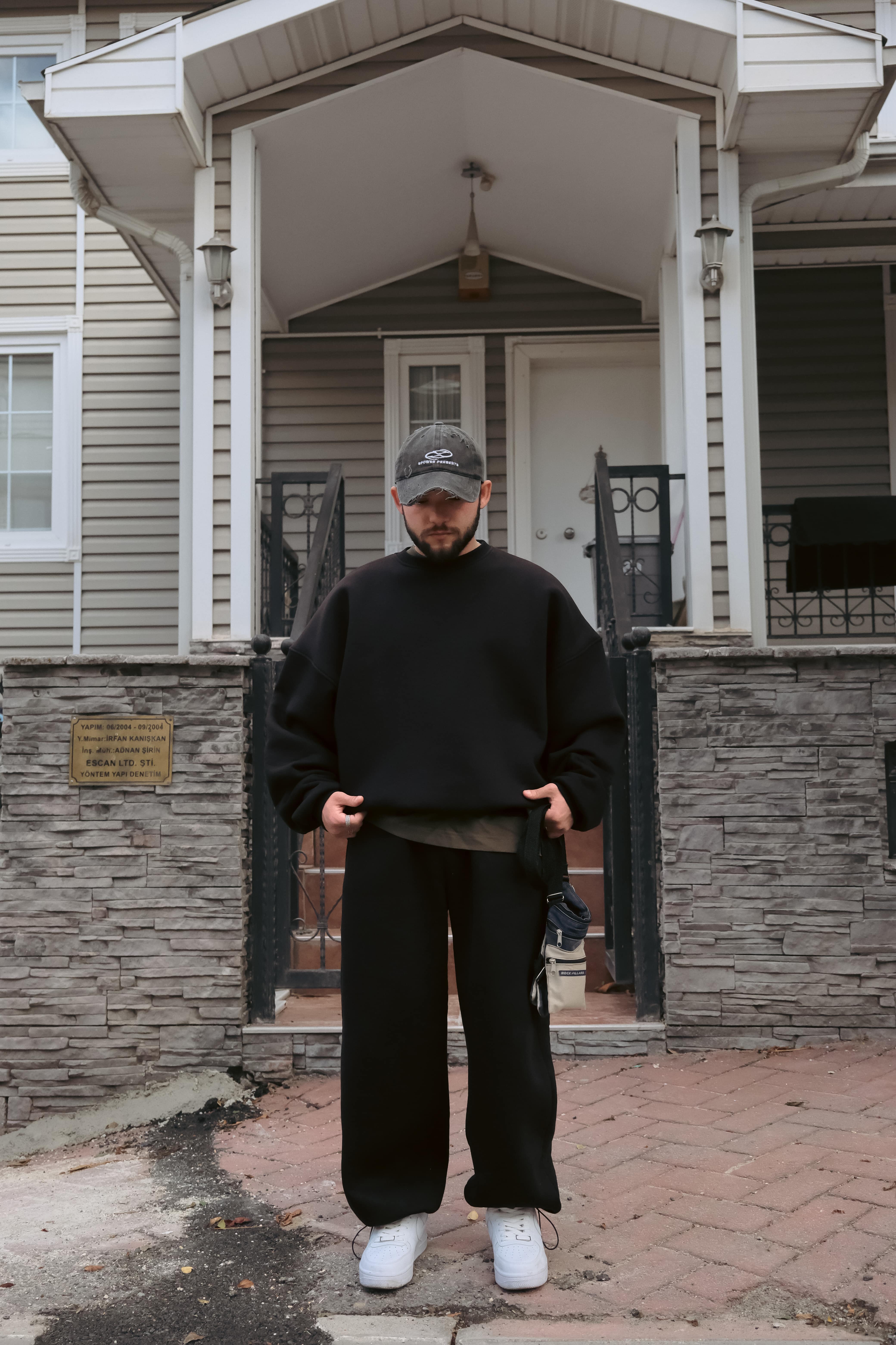 Bomber Extra Oversize Siyah Basic Sweatshirt (Premium Ürün) 