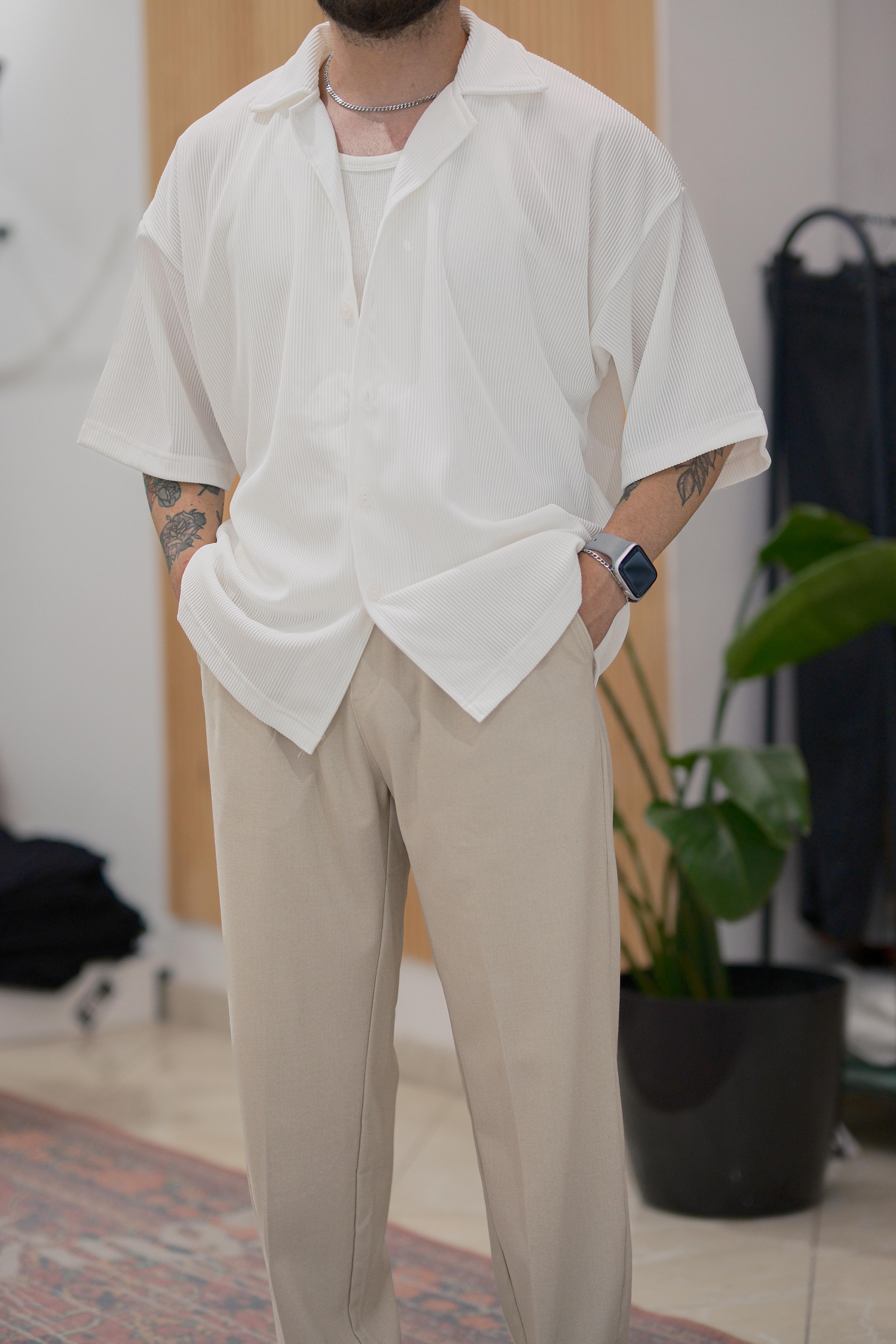 Fitilli Extra Oversize Old Money Gömlek - Beyaz