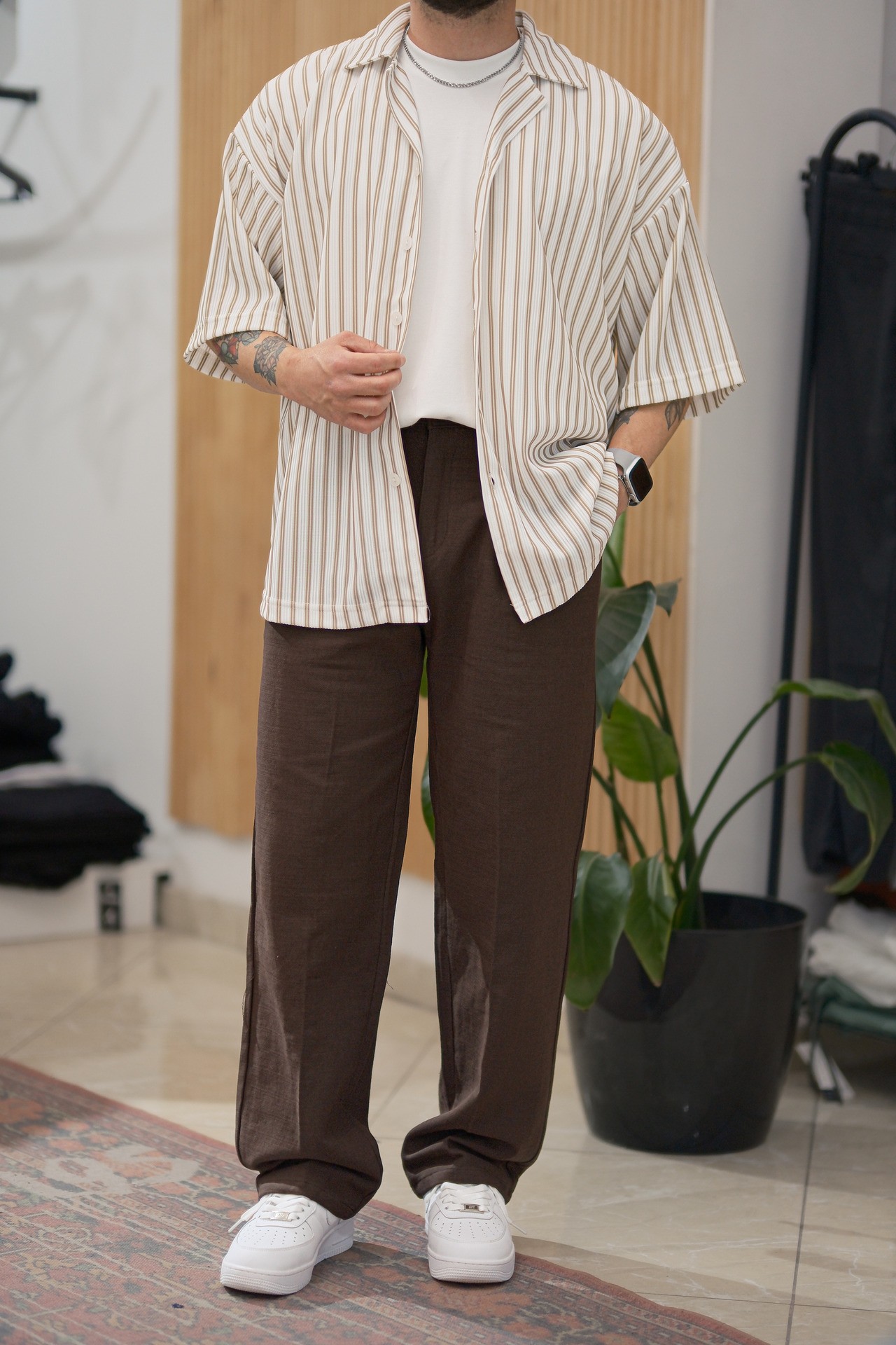 Bej/Beyaz Çizgili Extra Oversize Old Money Fitilli Gömlek