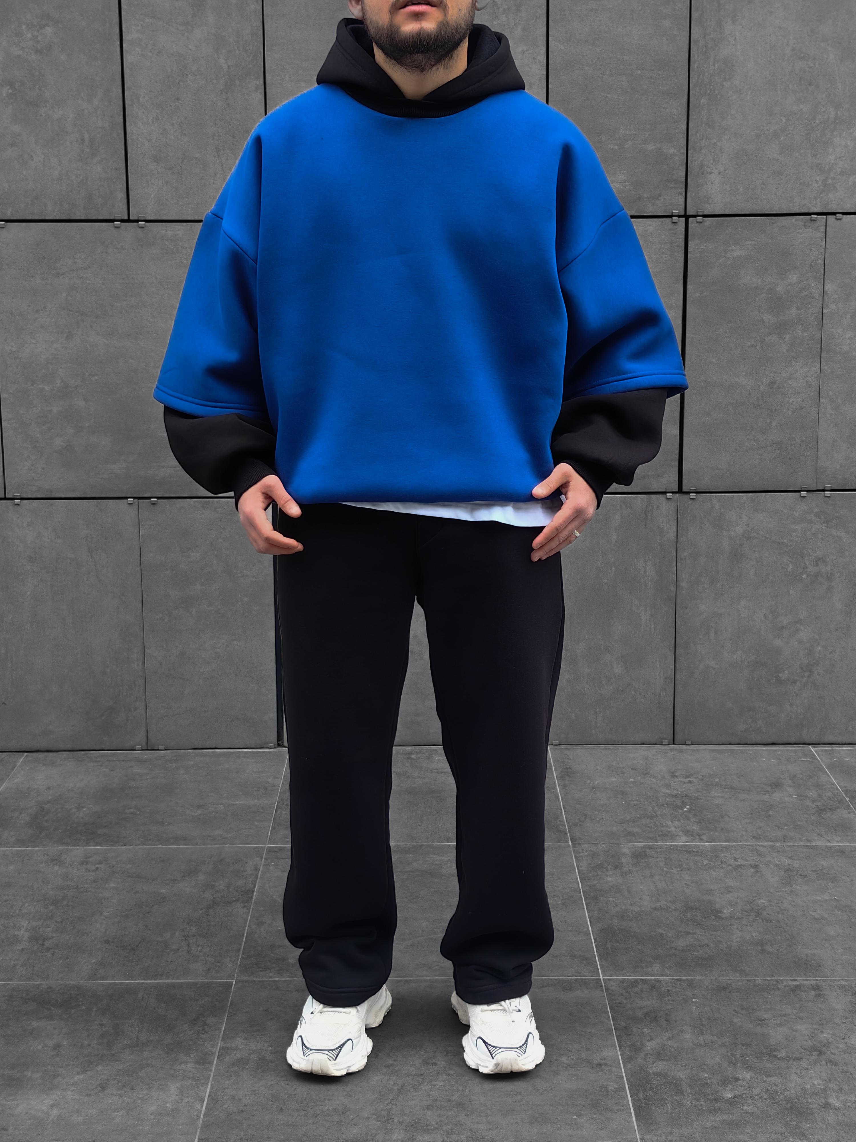 Sax Blue Çift Katlı Basic Extra Oversize Hoodie