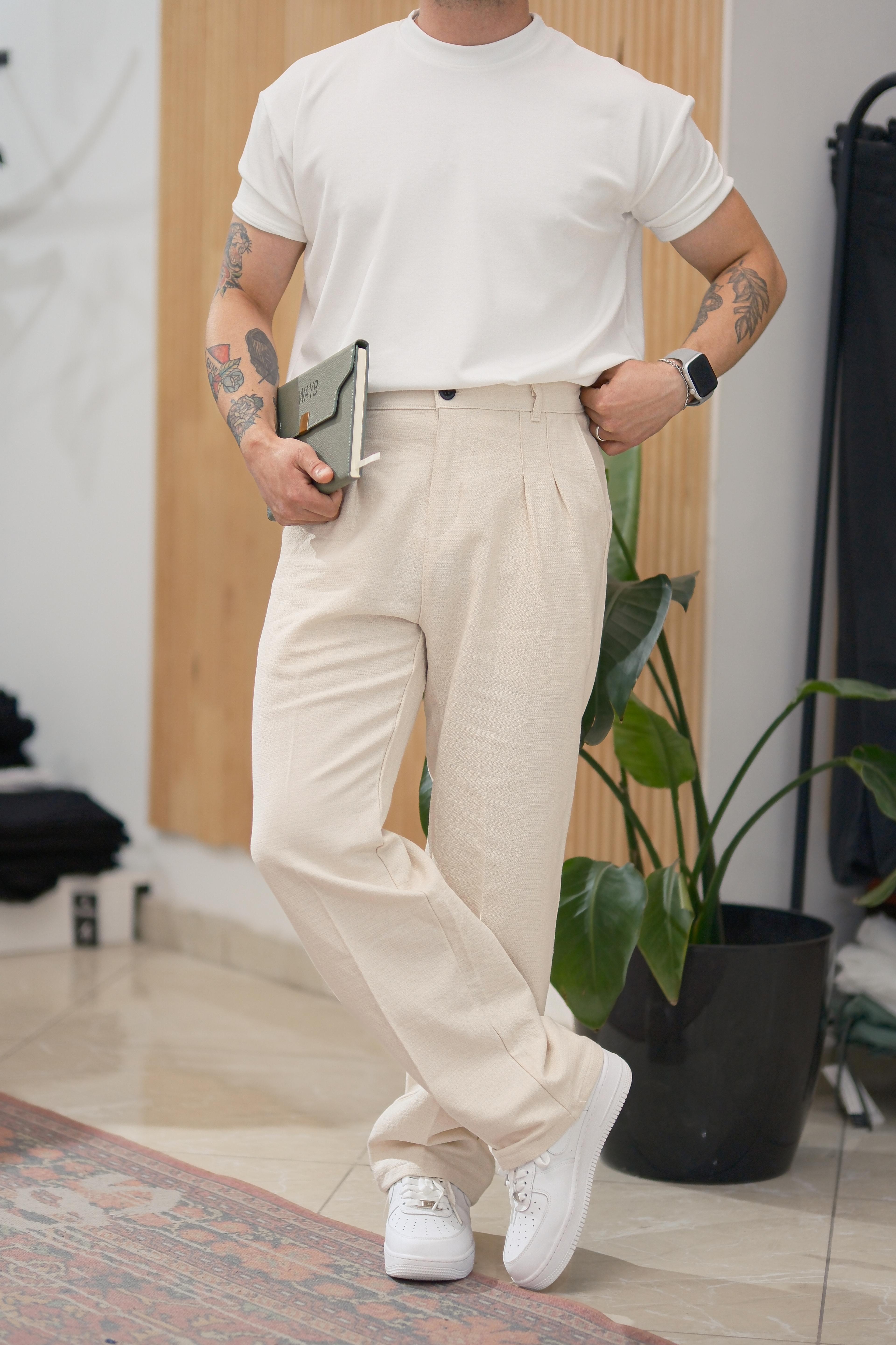 Bej Baggy Keten Pantolon 
