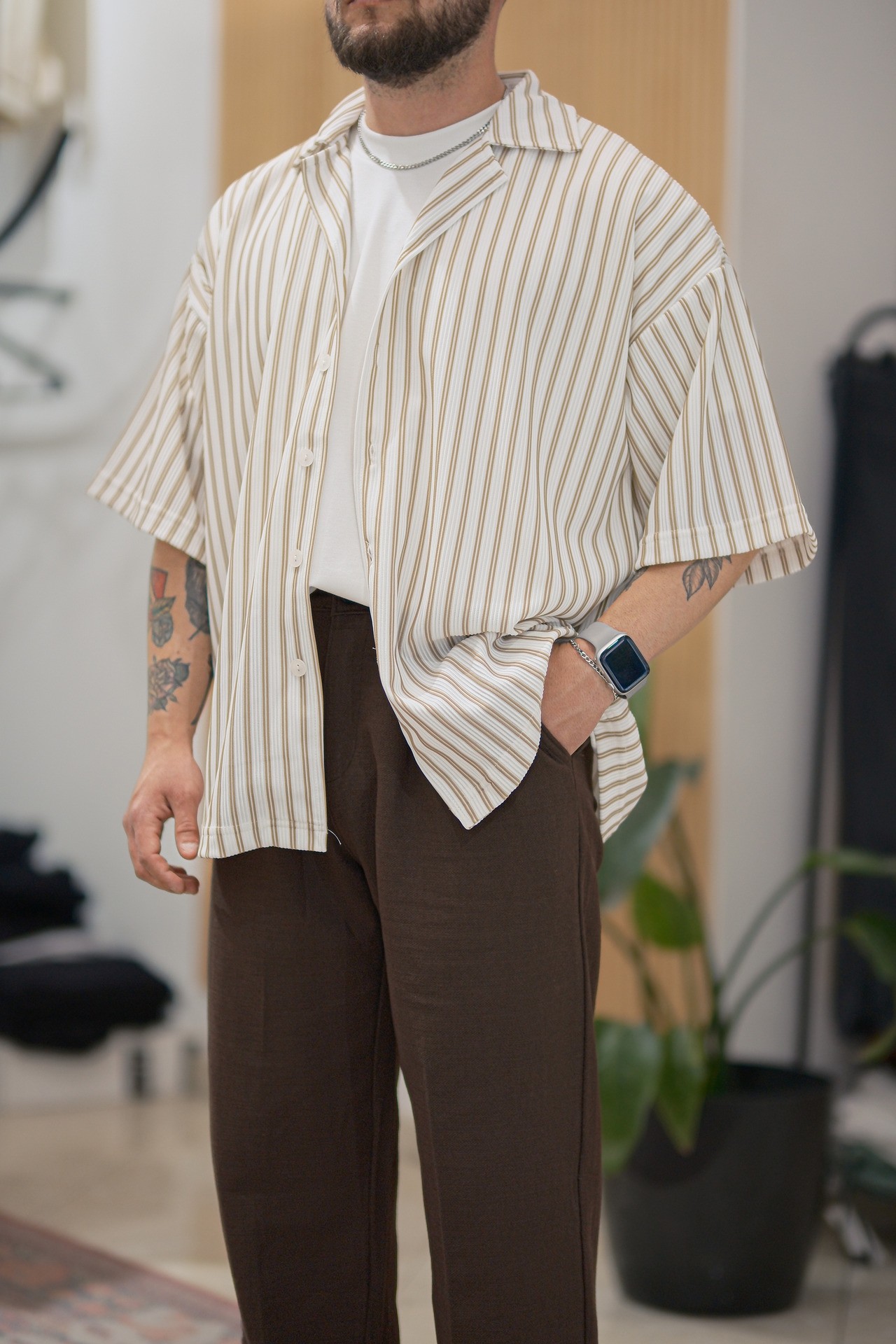 Bej/Beyaz Çizgili Extra Oversize Old Money Fitilli Gömlek