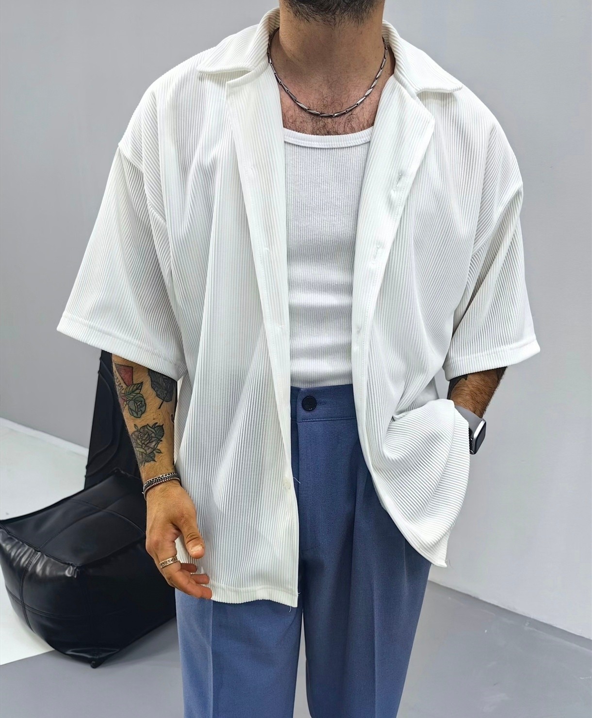 Extra Oversize Fitilli Beyaz Gömlek Kısa Kollu