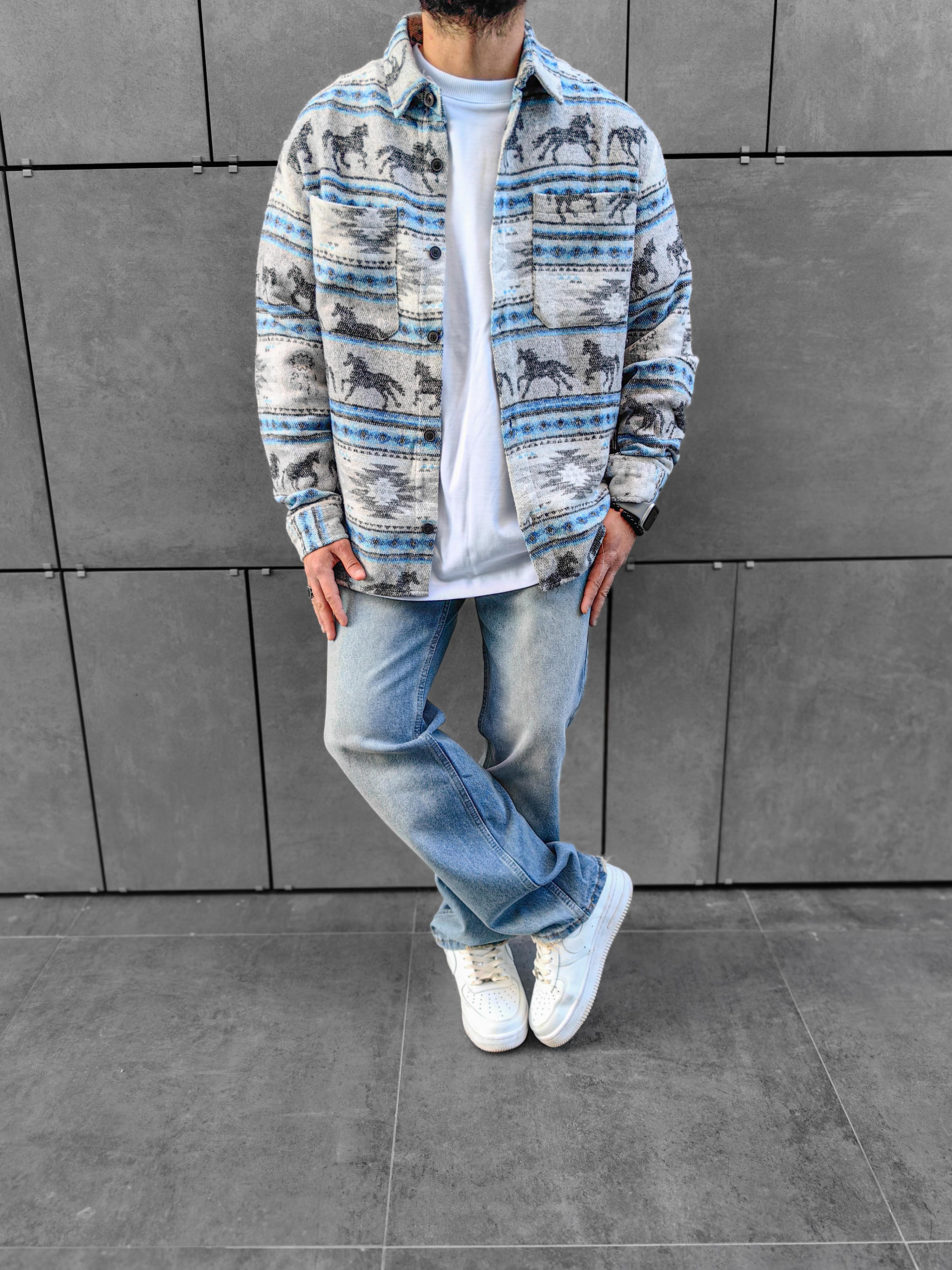 Babyblue / Gray Oversize Oduncu Gömleği (Premium Kalite)