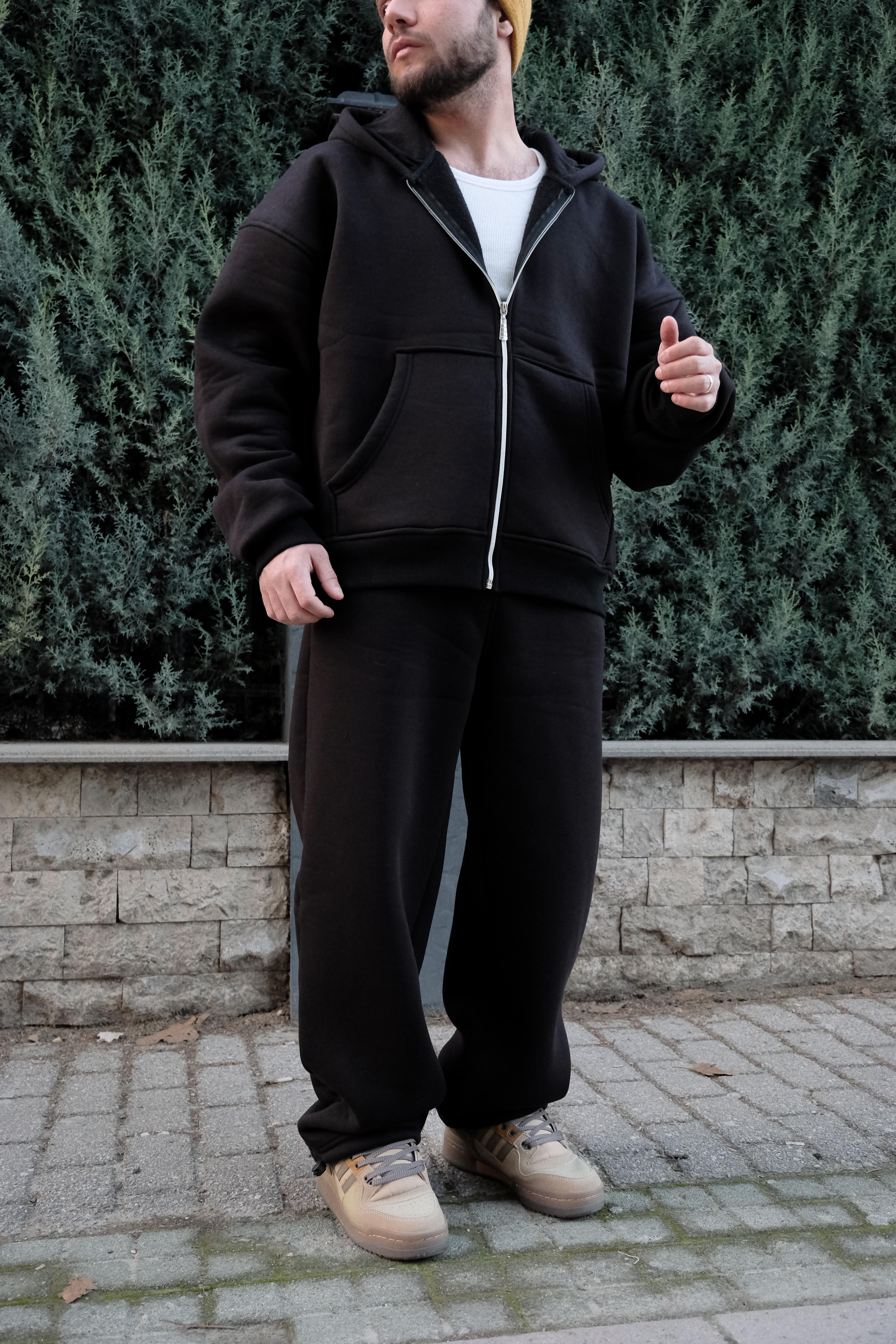 Boxy Fit Oversize Siyah Basic Ful Zip Hoodie 