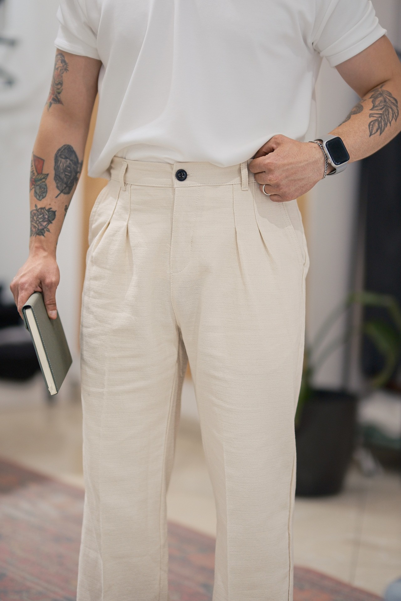 Bej Baggy Keten Pantolon 