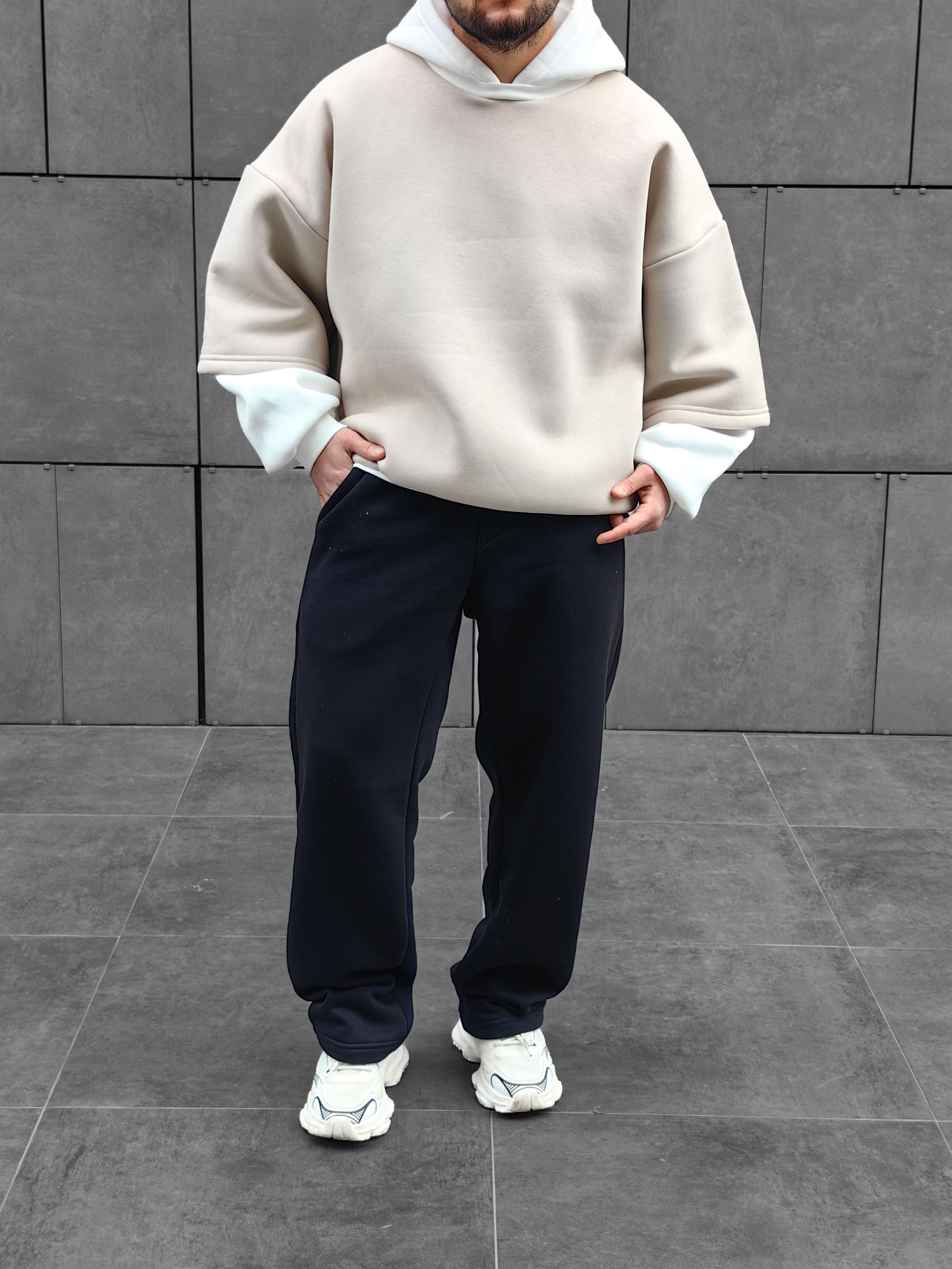 Bej Çift Katlı Basic Extra Oversize Hoodie