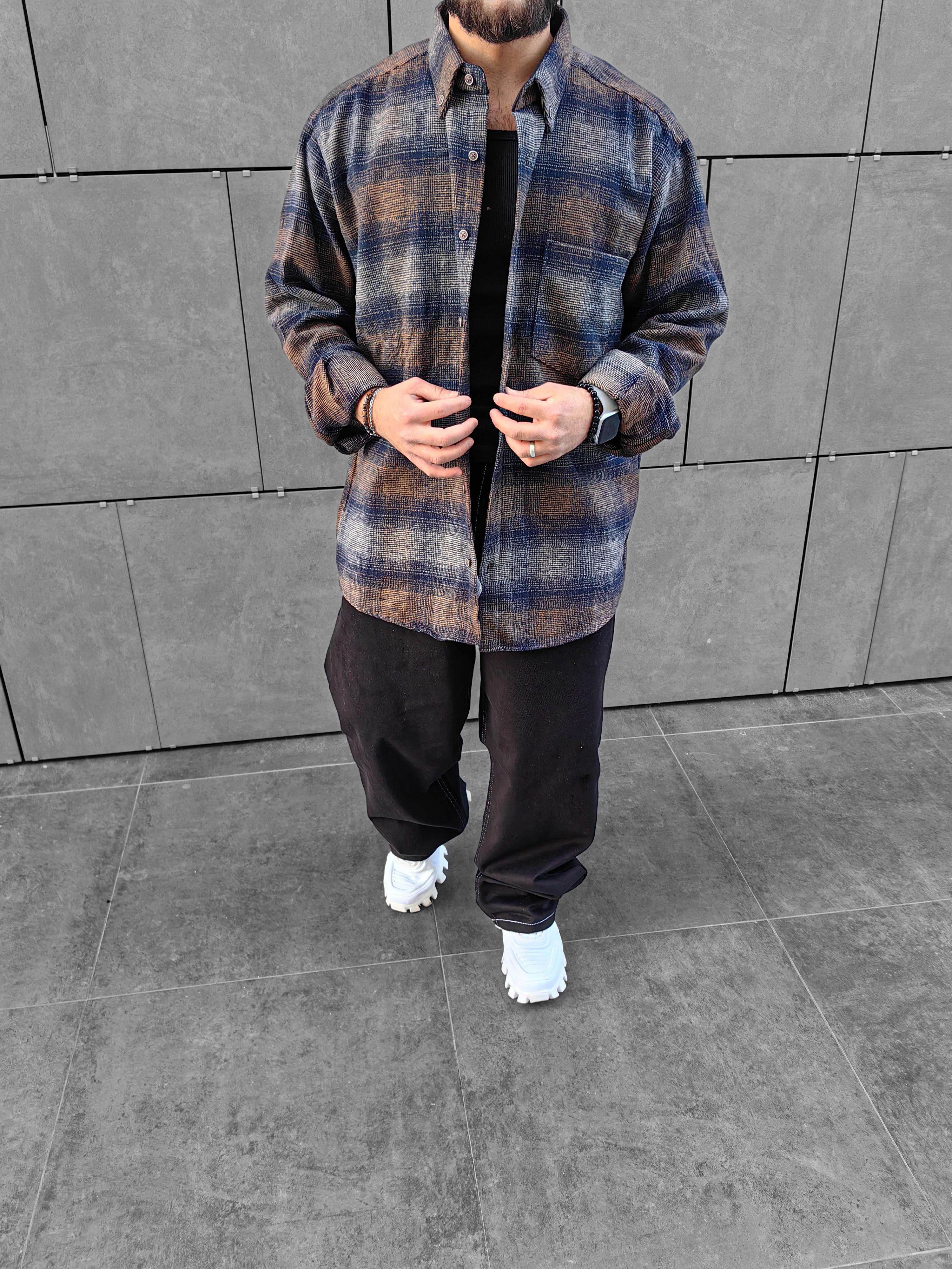 Kahve / Gri Oversize Oduncu Gömleği