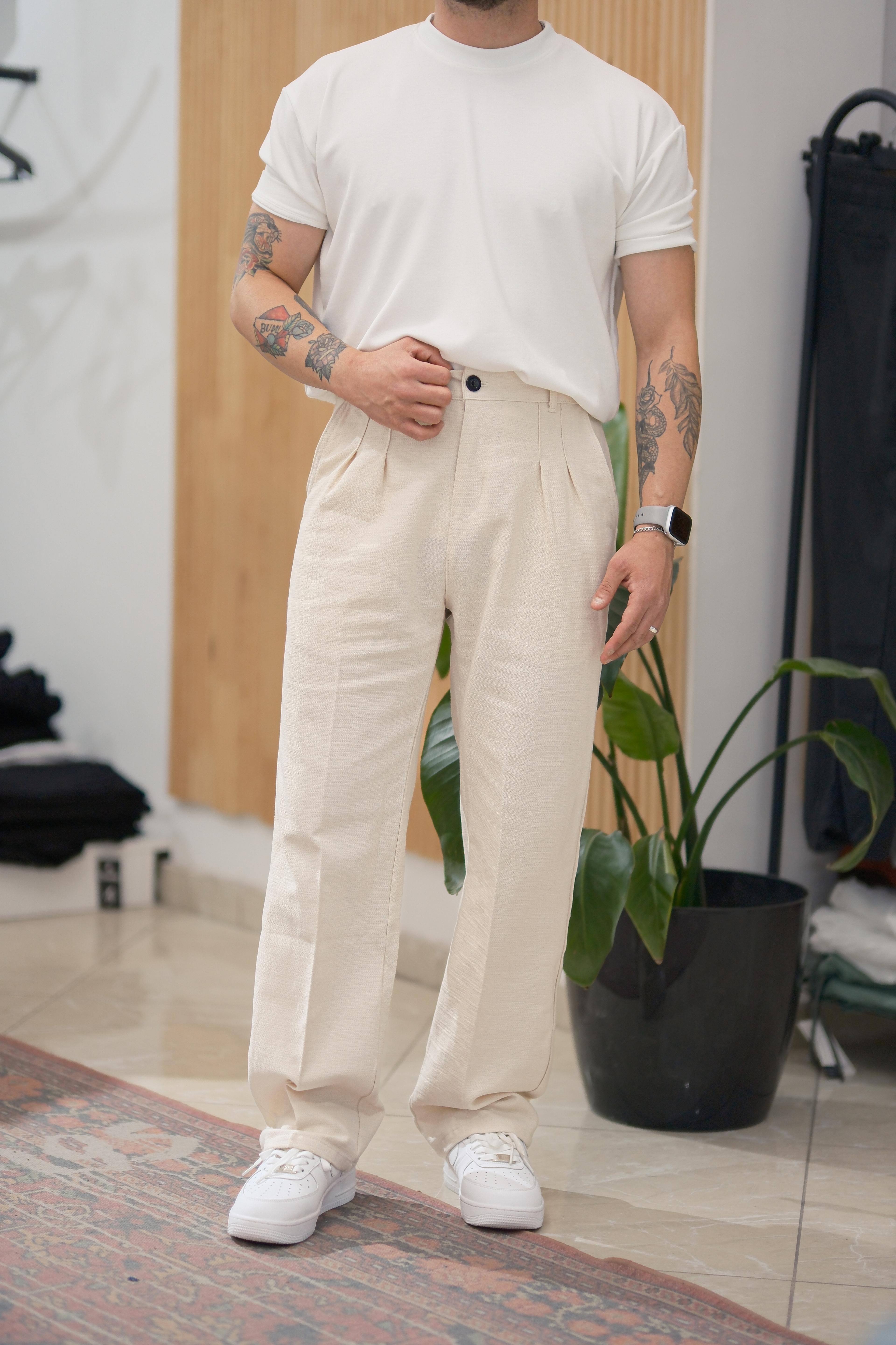 Bej Baggy Keten Pantolon 