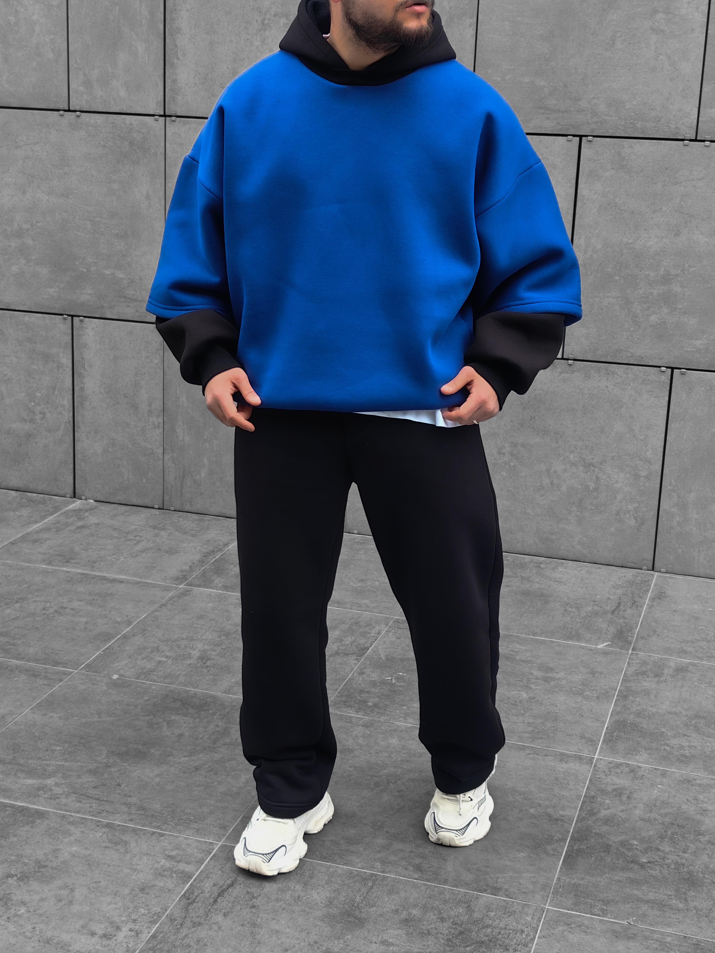 Sax Blue Çift Katlı Basic Extra Oversize Hoodie