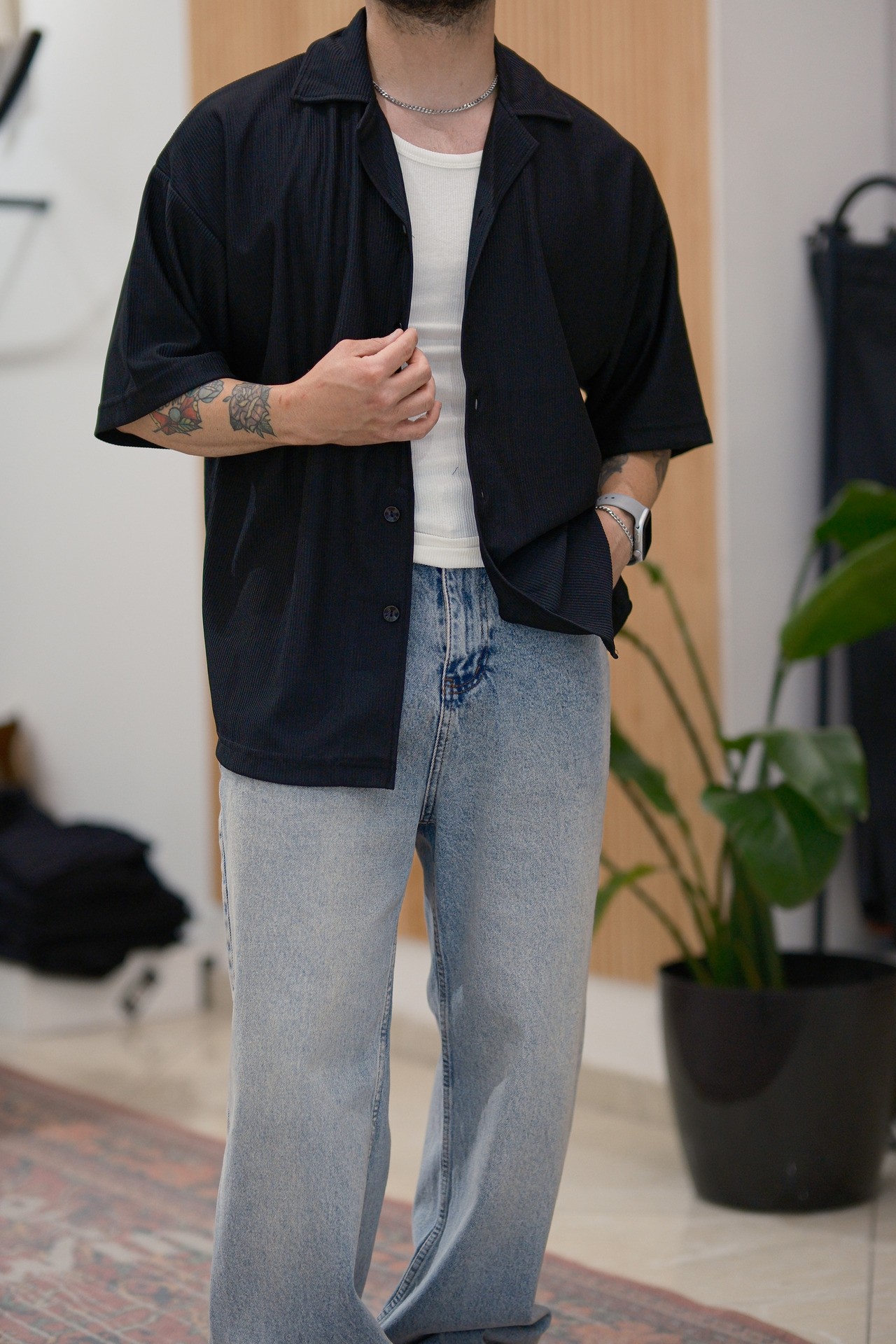 Siyah Fitilli Extra Oversize Old Money Gömlek 
