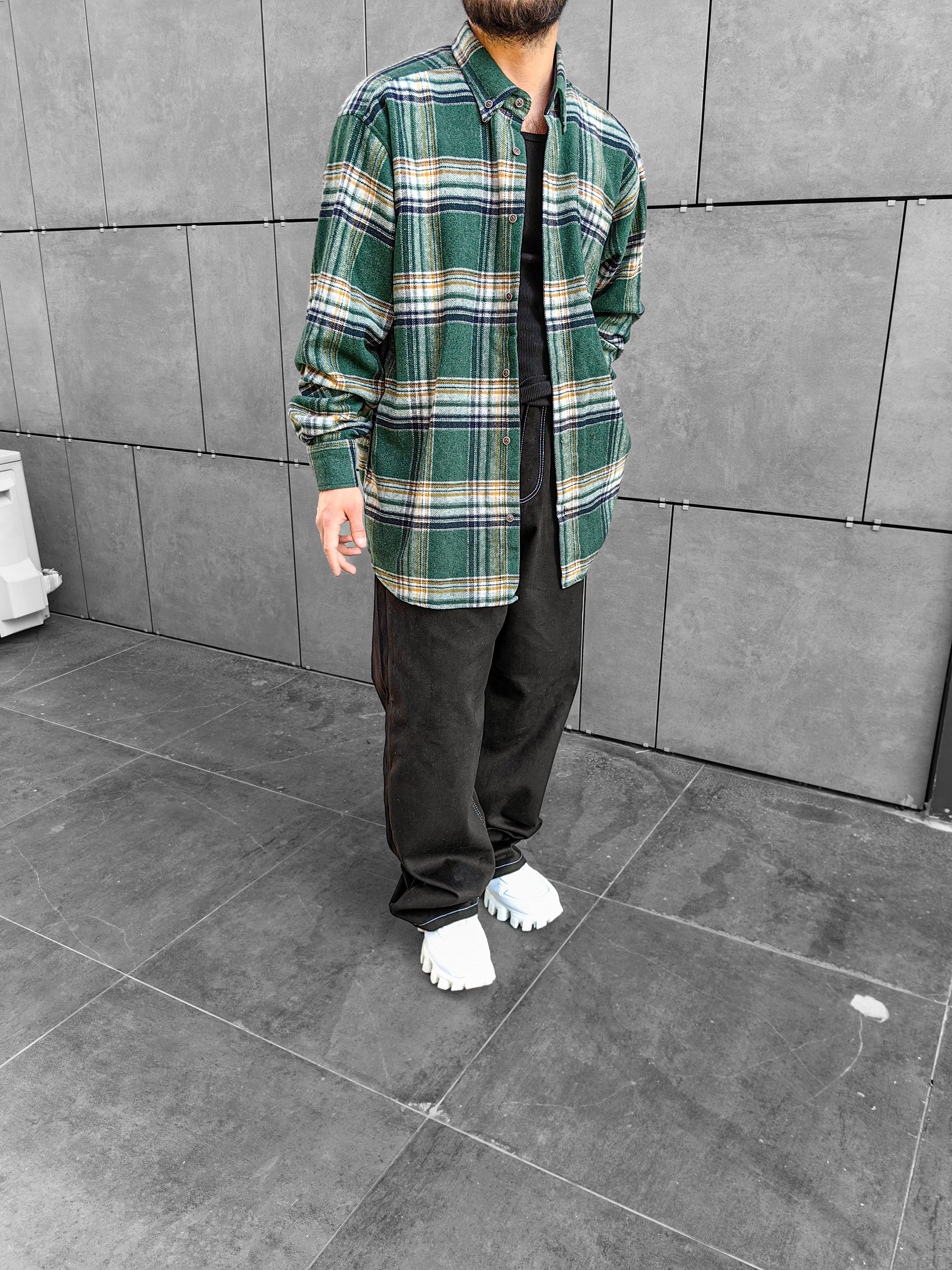 Yeşil Vintage Desenli Oversize Oduncu Gömleği