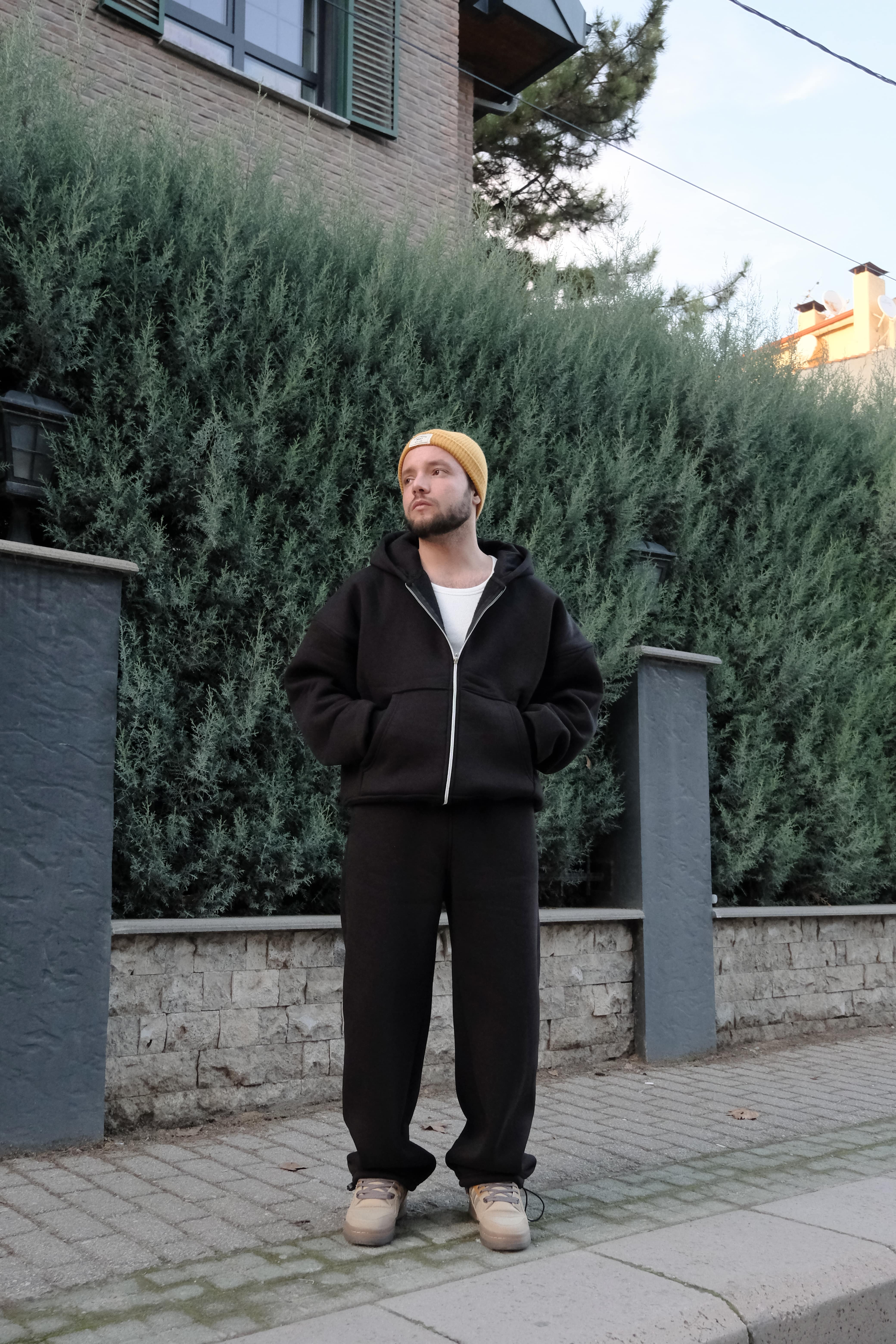 Boxy Fit Oversize Siyah Basic Ful Zip Hoodie 