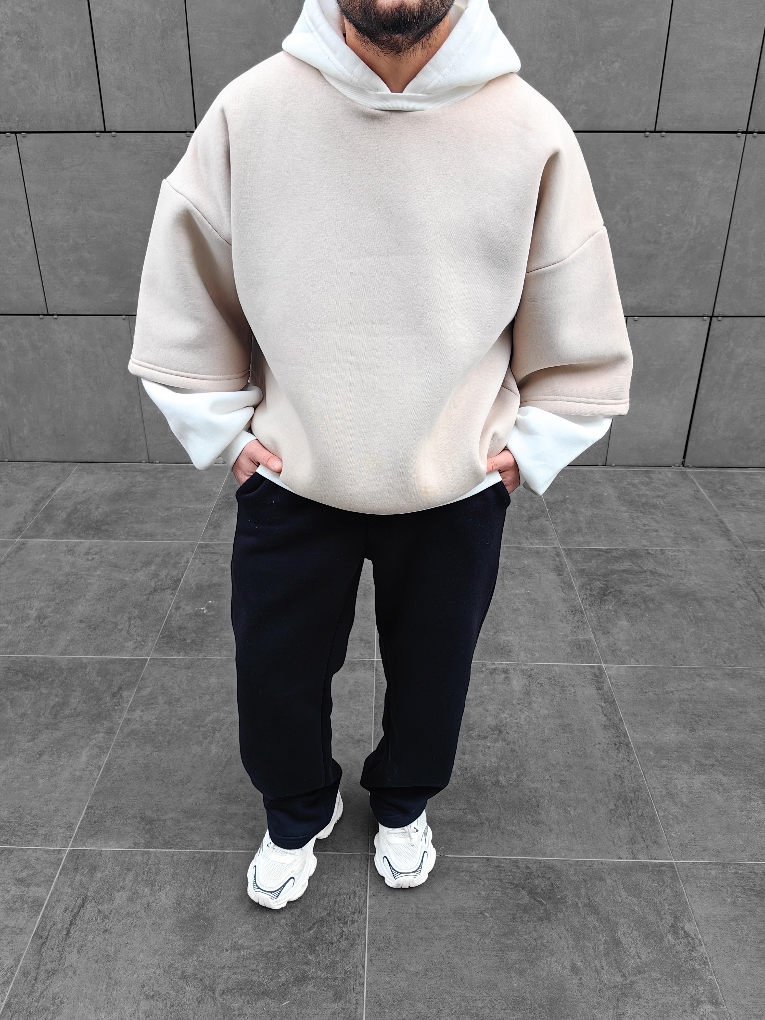 Bej Çift Katlı Basic Extra Oversize Hoodie