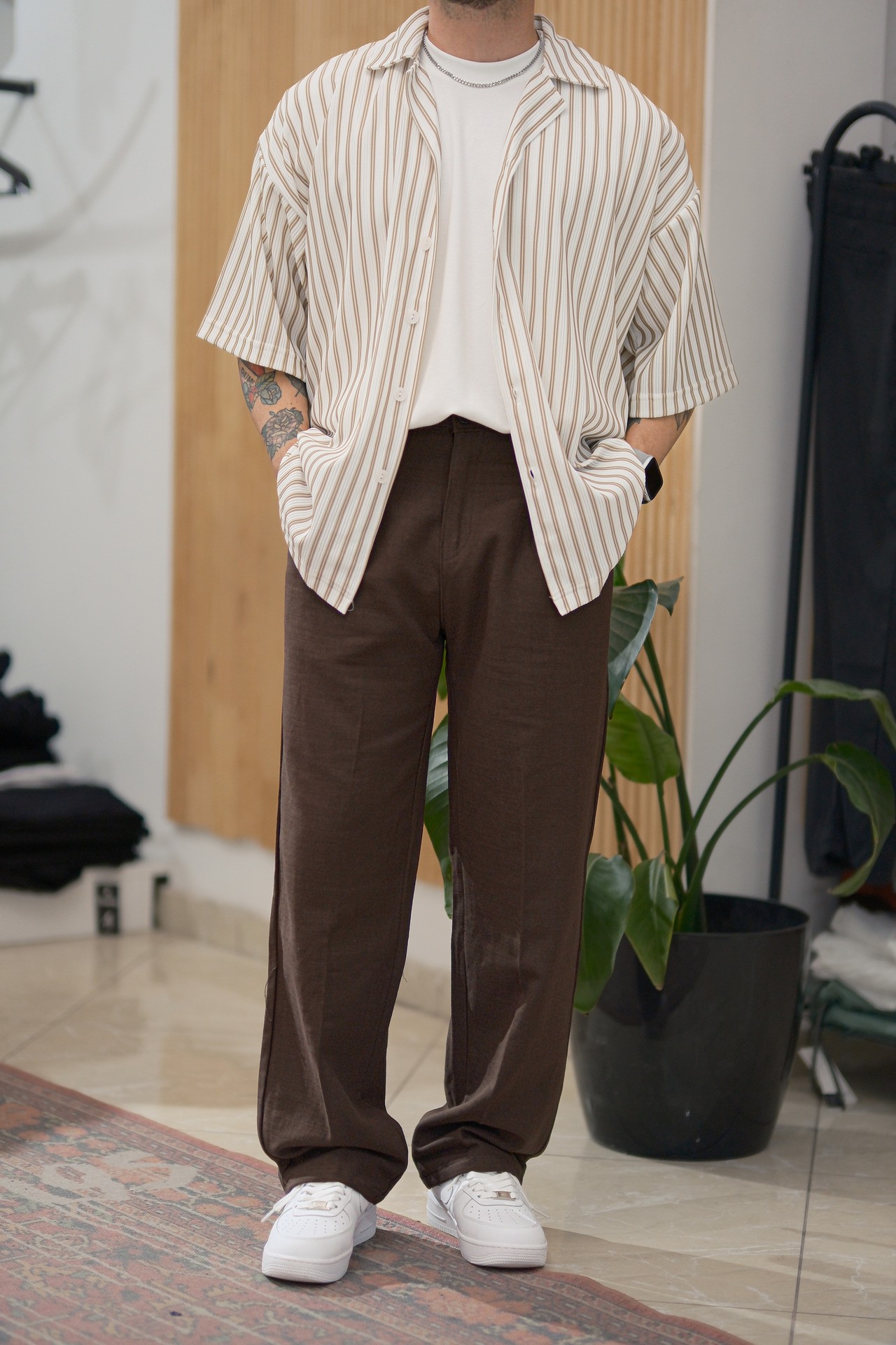 Bej/Beyaz Çizgili Extra Oversize Old Money Fitilli Gömlek