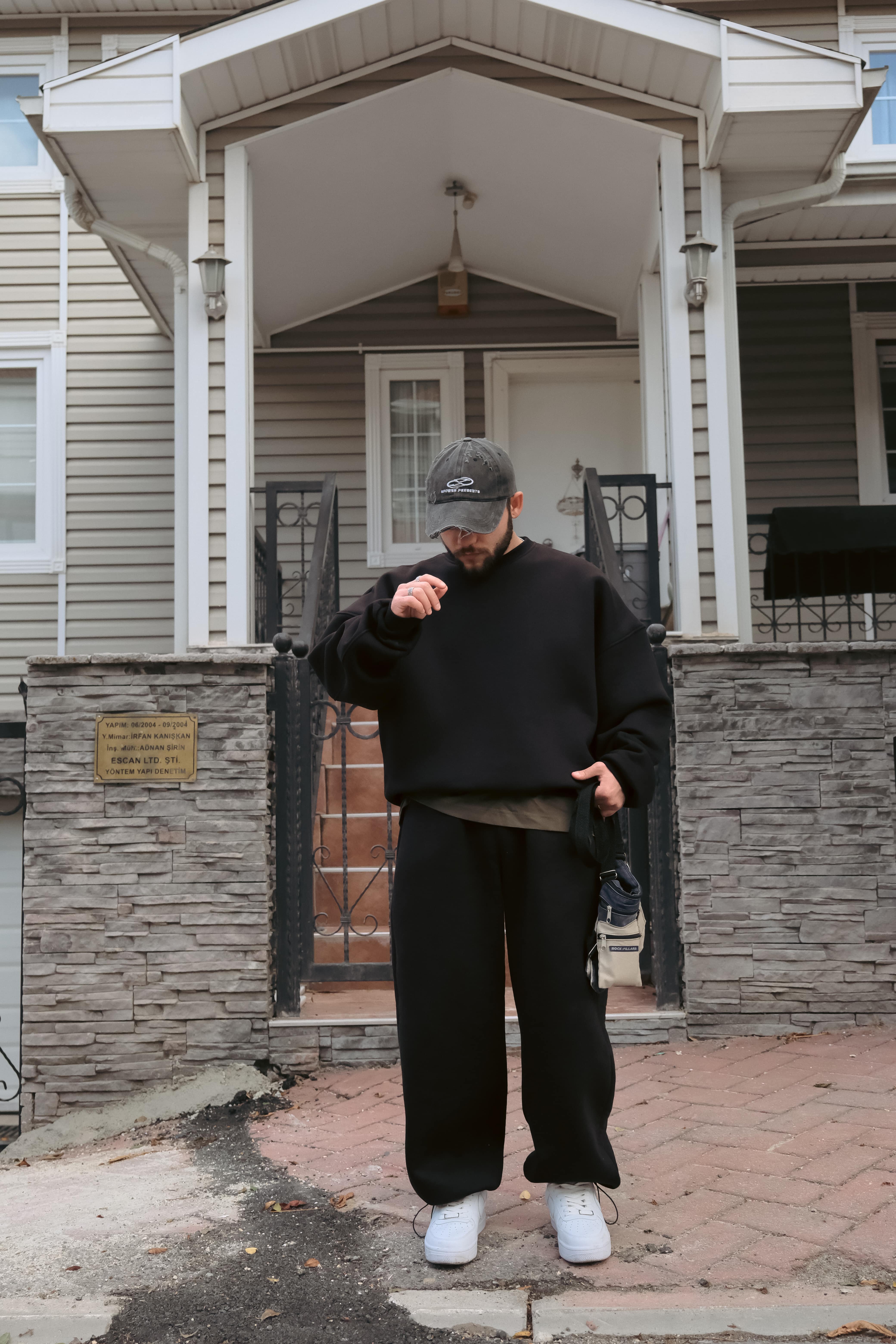 Bomber Extra Oversize Siyah Basic Sweatshirt (Premium Ürün) 