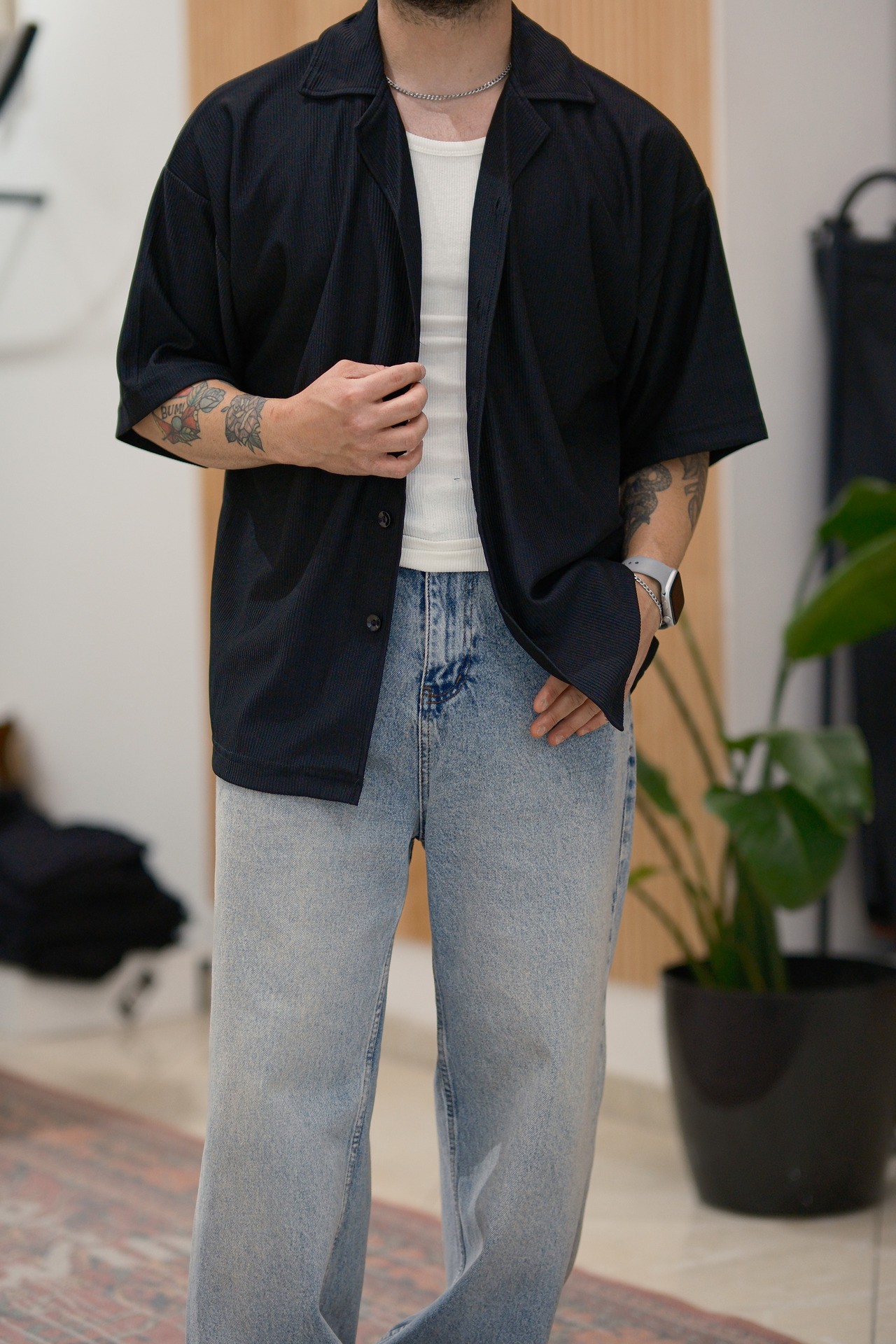 Siyah Fitilli Extra Oversize Old Money Gömlek 