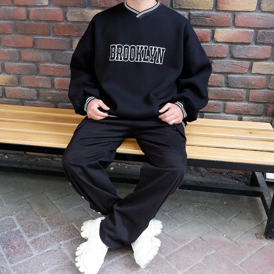 Brooklyn Şeritli Ribana Siyah Oversize Sweatshirt