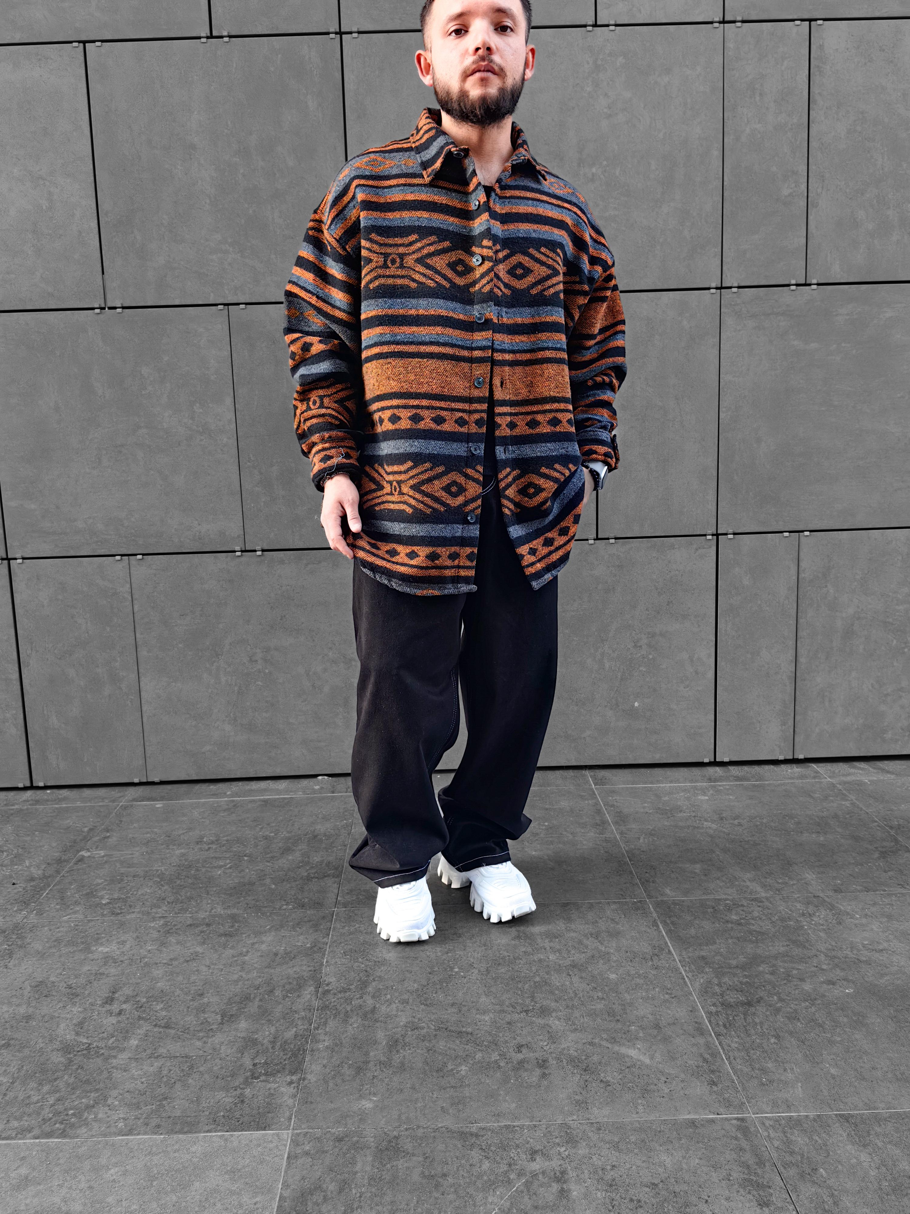 Kahverengi Desenli Extra Oversize Kaşe Gömlek