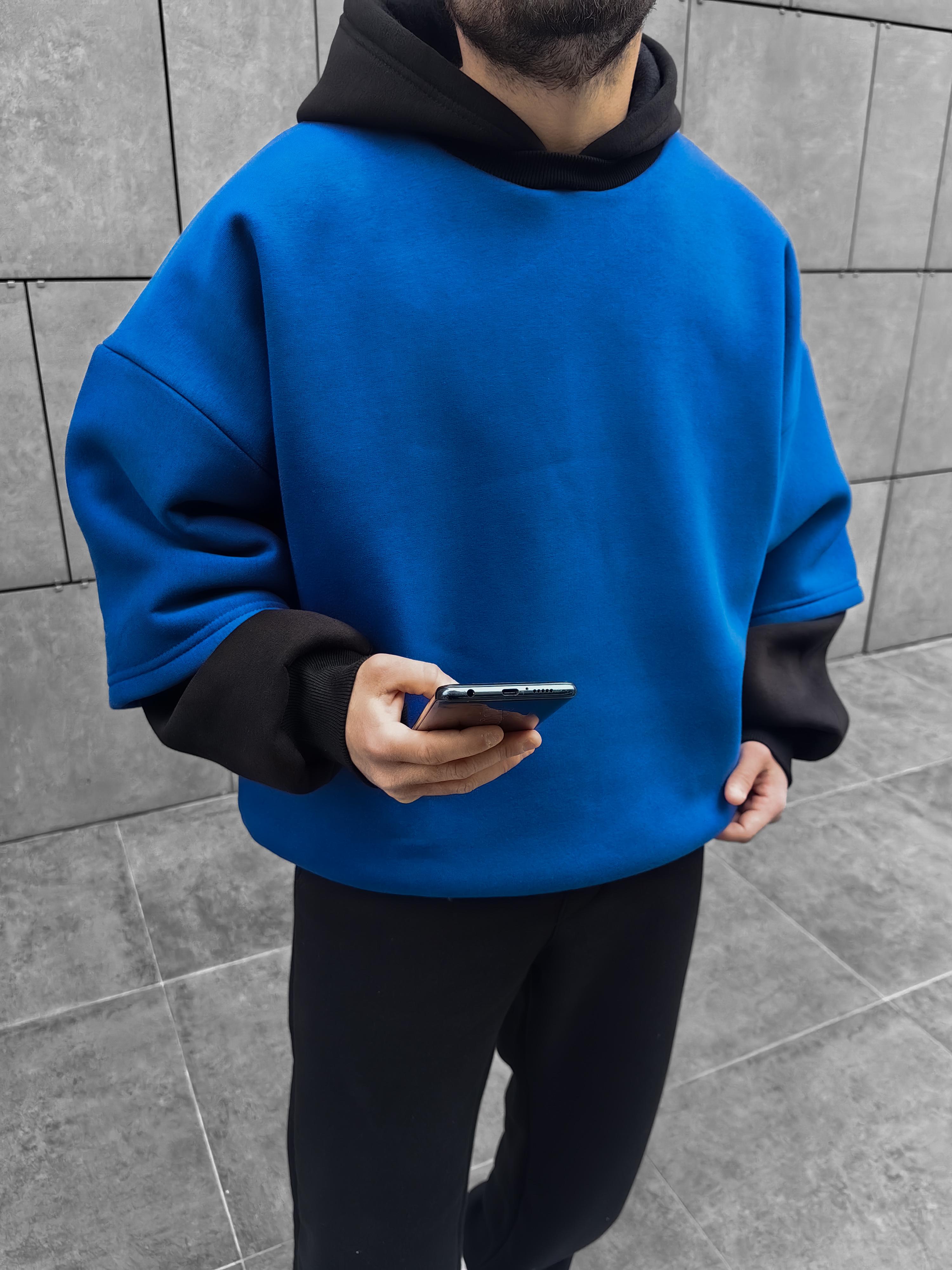 Sax Blue Çift Katlı Basic Extra Oversize Hoodie