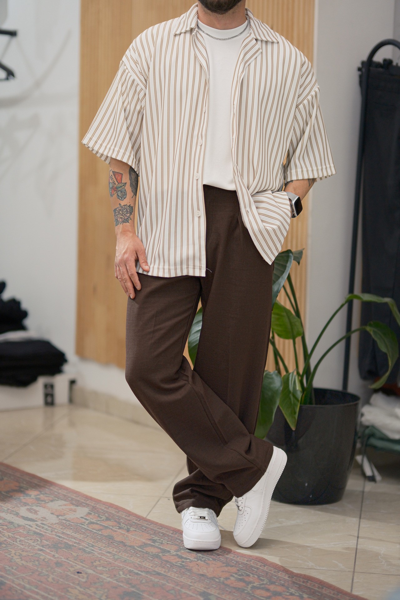 Bej/Beyaz Çizgili Extra Oversize Old Money Fitilli Gömlek