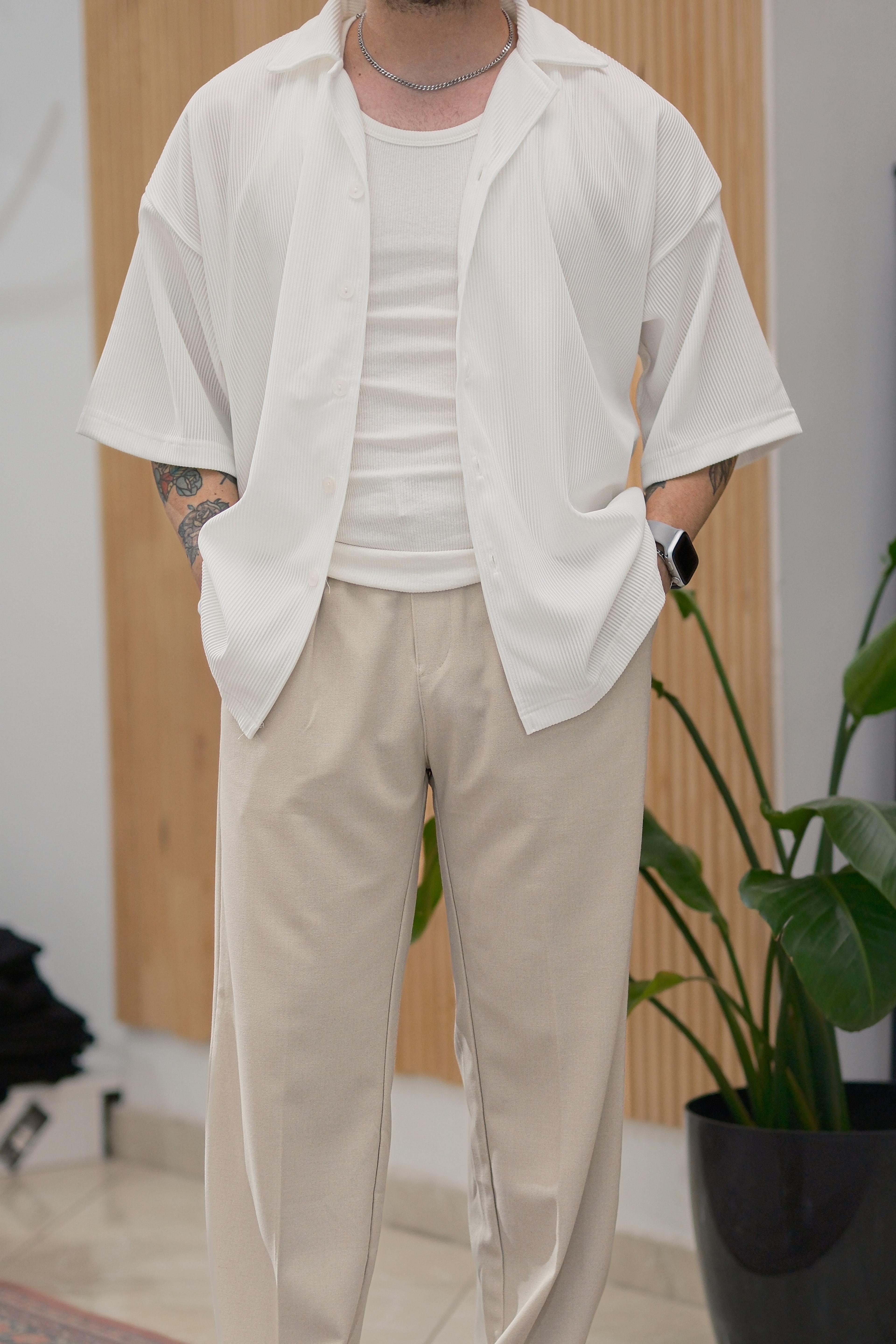 Beyaz Fitilli Extra Oversize Old Money Gömlek 