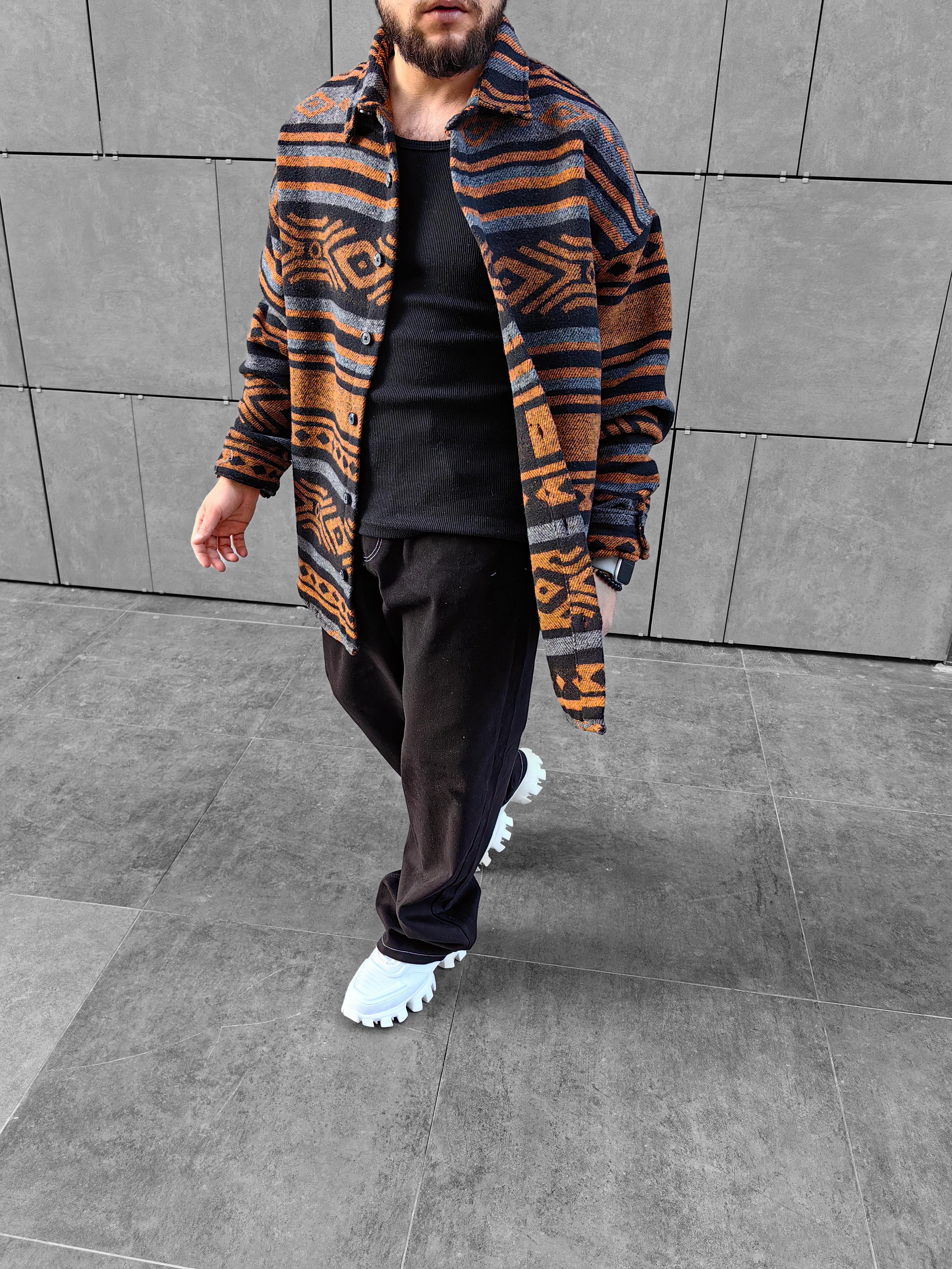 Kahverengi Desenli Extra Oversize Kaşe Gömlek