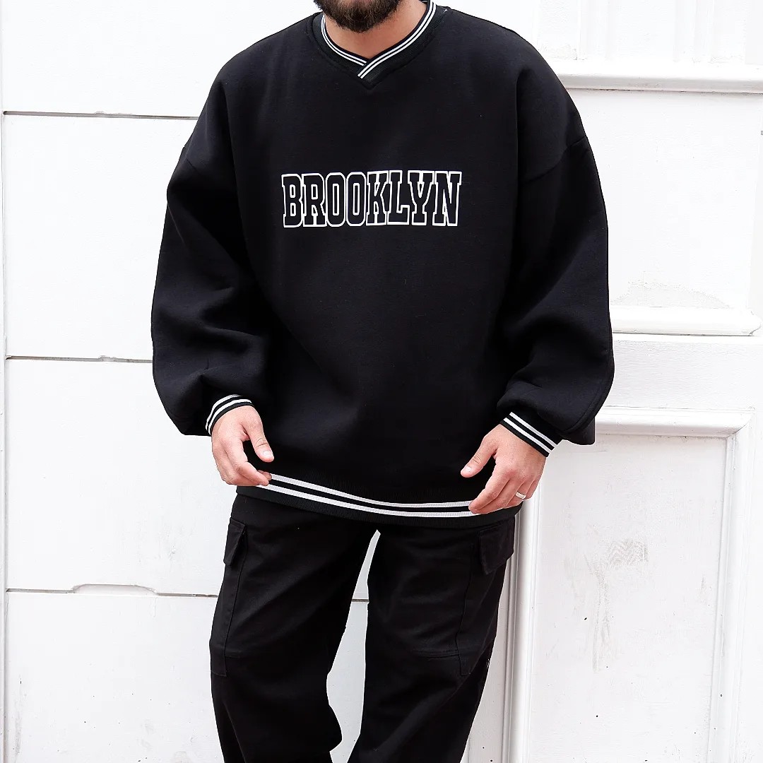 Brooklyn Şeritli Ribana Siyah Oversize Sweatshirt