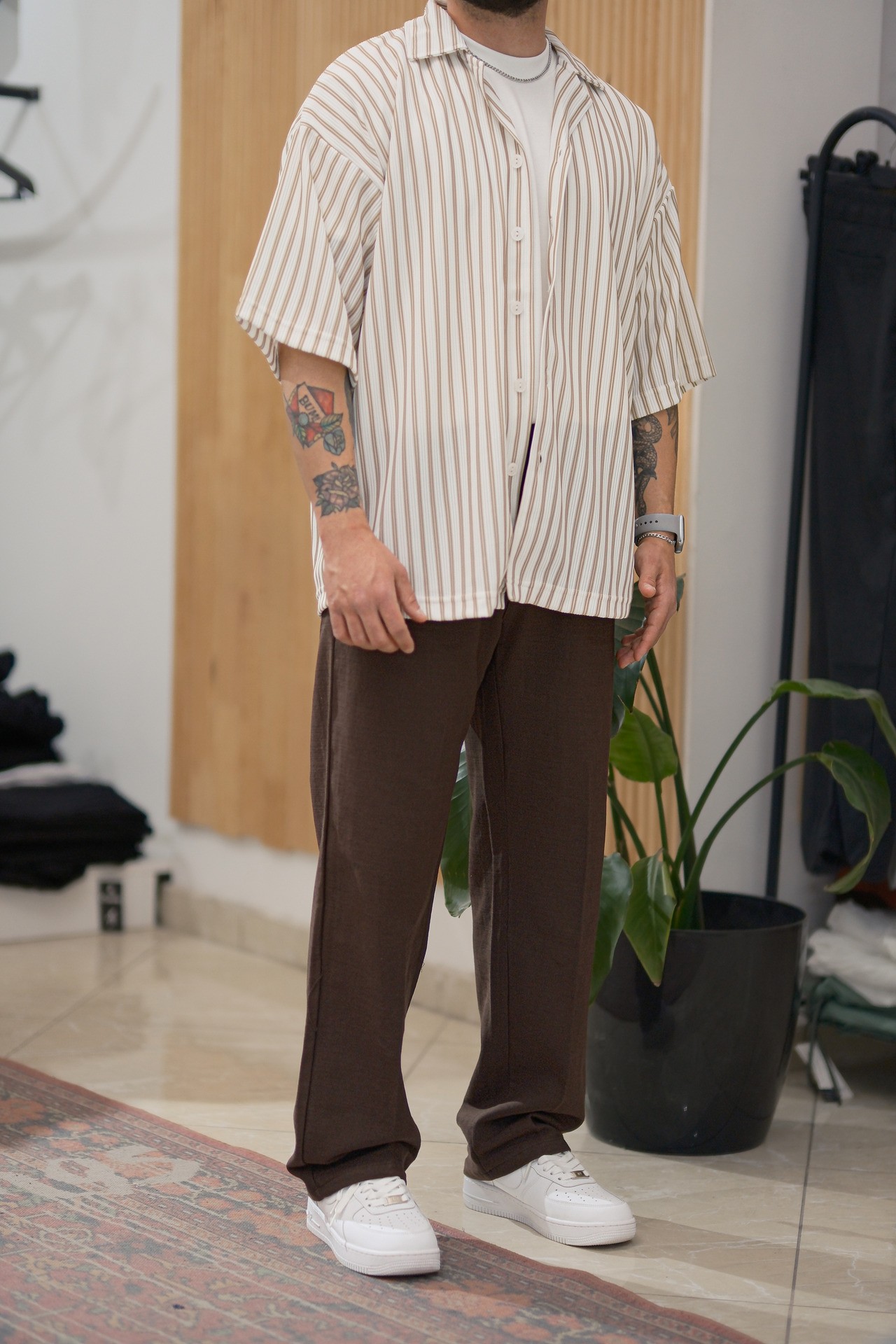 Bej/Beyaz Çizgili Extra Oversize Old Money Fitilli Gömlek