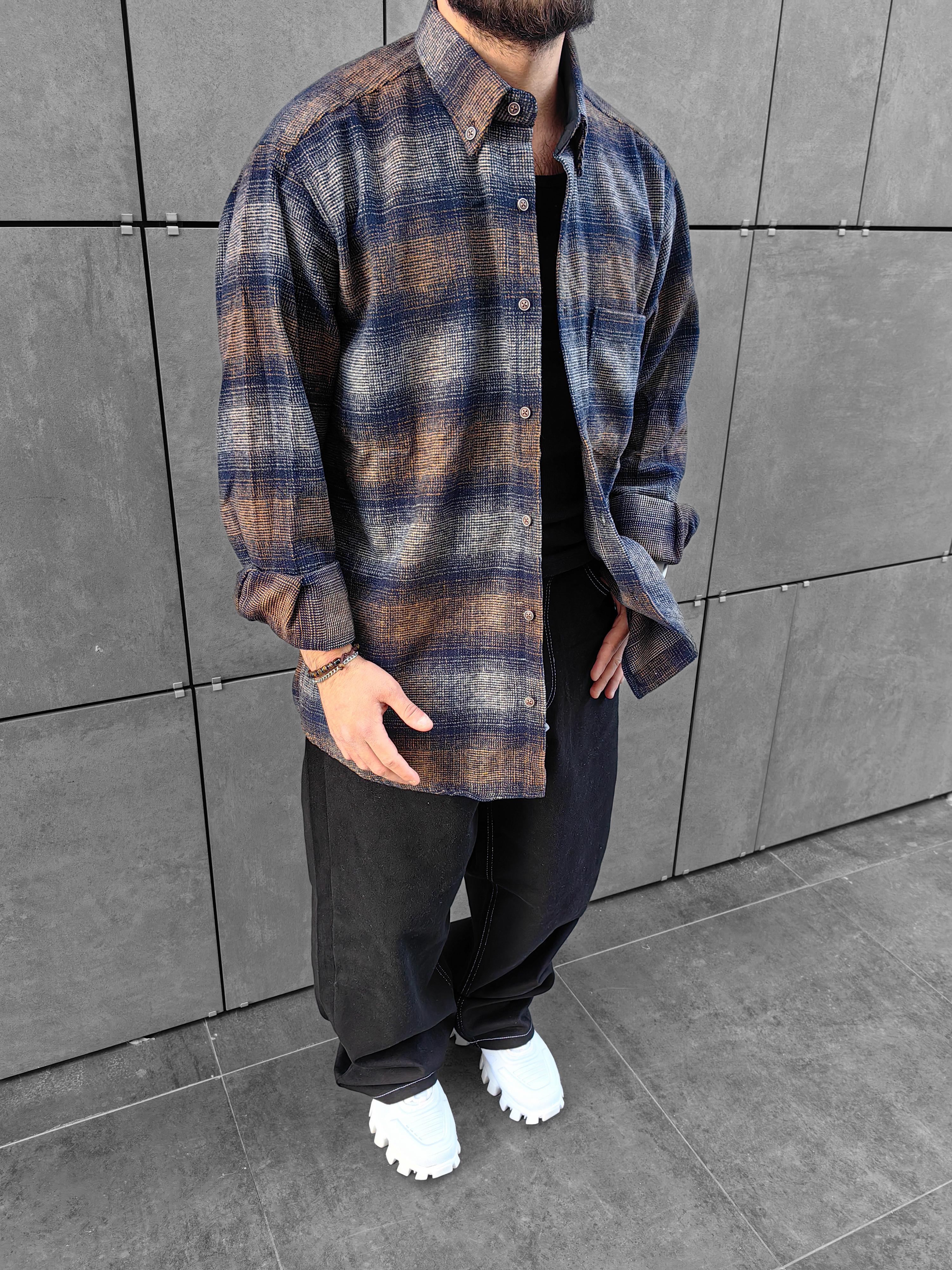 Kahve / Gri Oversize Oduncu Gömleği