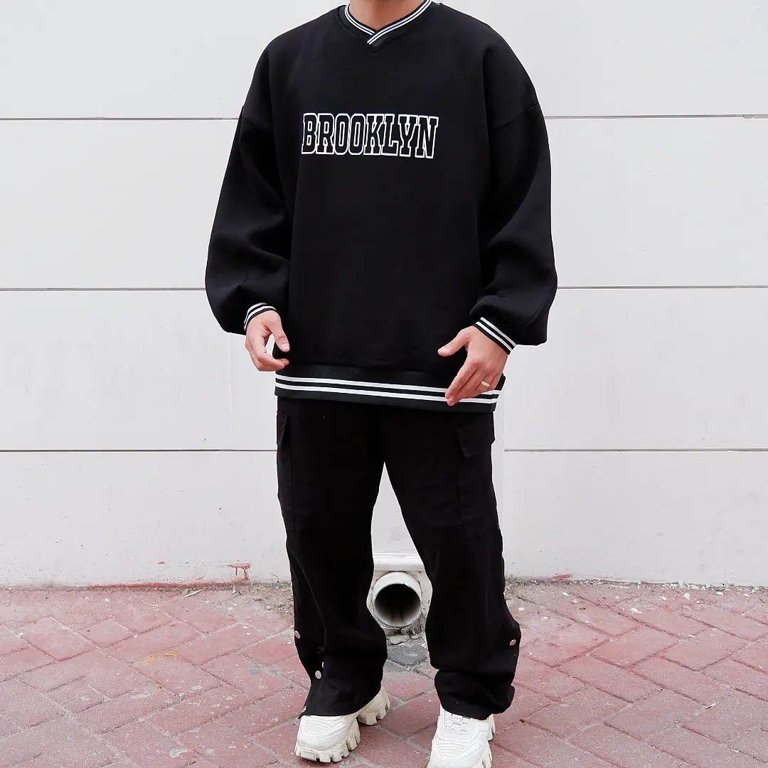 Brooklyn Şeritli Ribana Siyah Oversize Sweatshirt