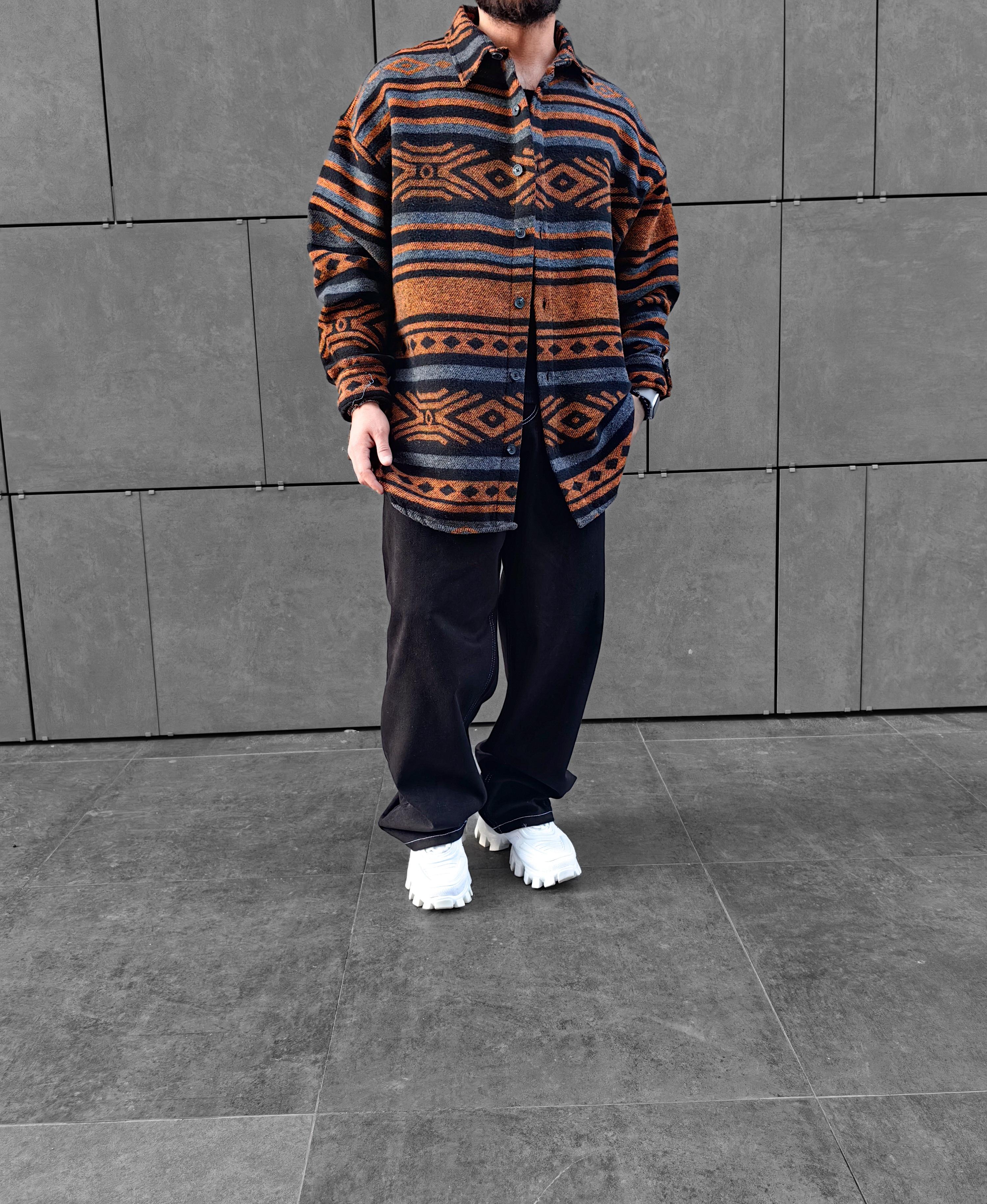 Kahverengi Desenli Extra Oversize Kaşe Gömlek