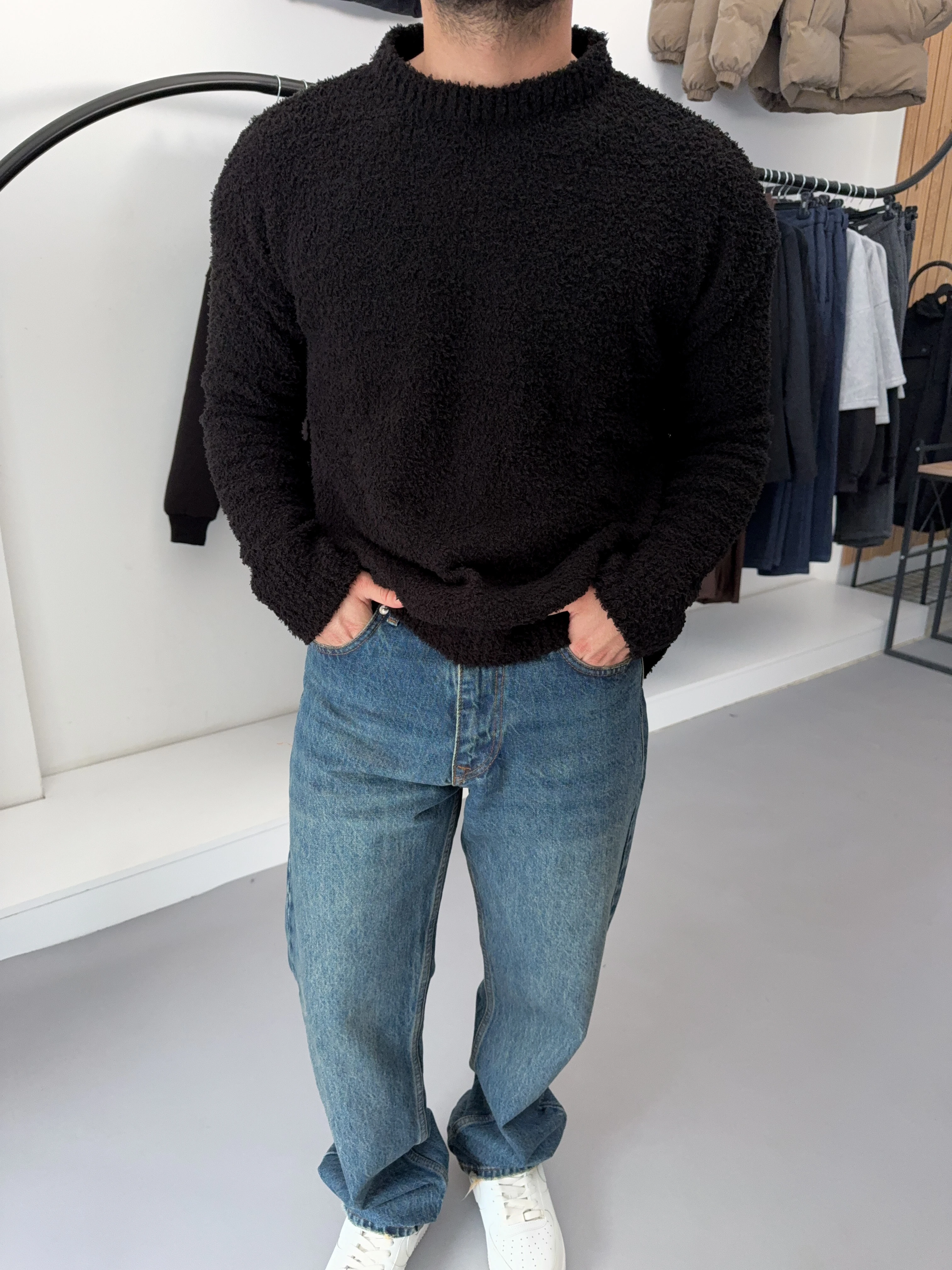 Siyah Peluş Oversize Triko