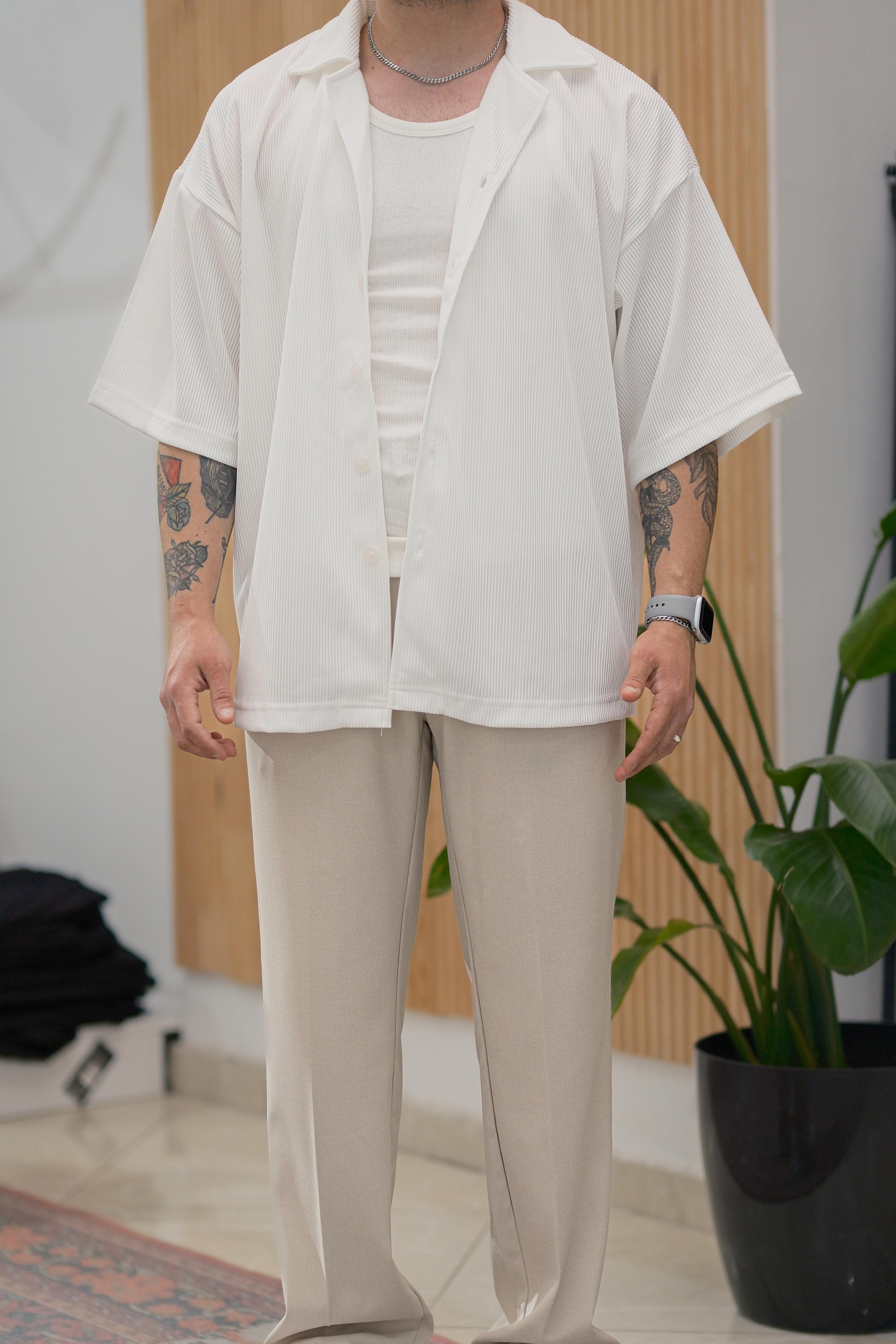 Beyaz Fitilli Extra Oversize Old Money Gömlek 