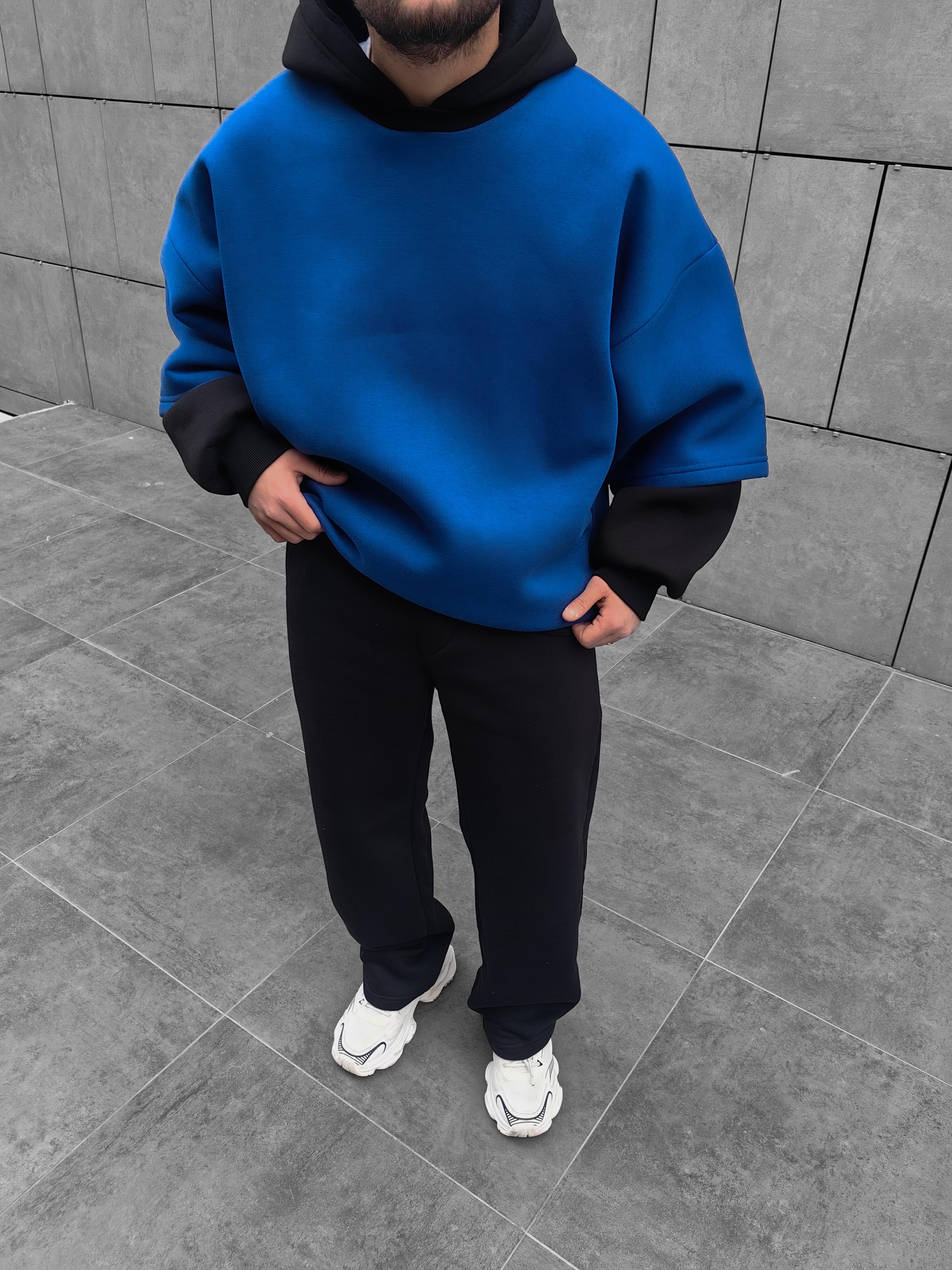 Sax Blue Çift Katlı Basic Extra Oversize Hoodie