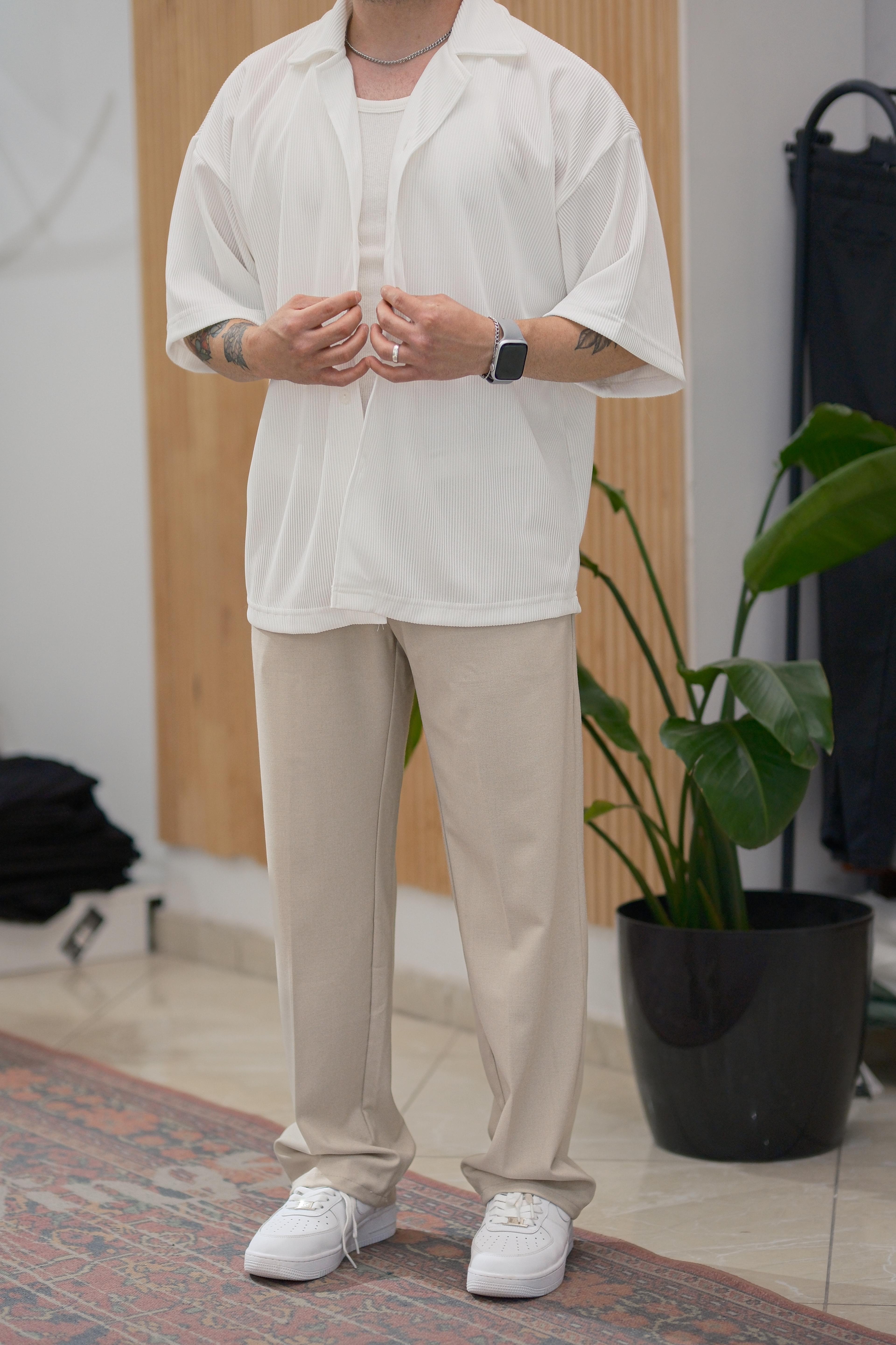Beyaz Fitilli Extra Oversize Old Money Gömlek 