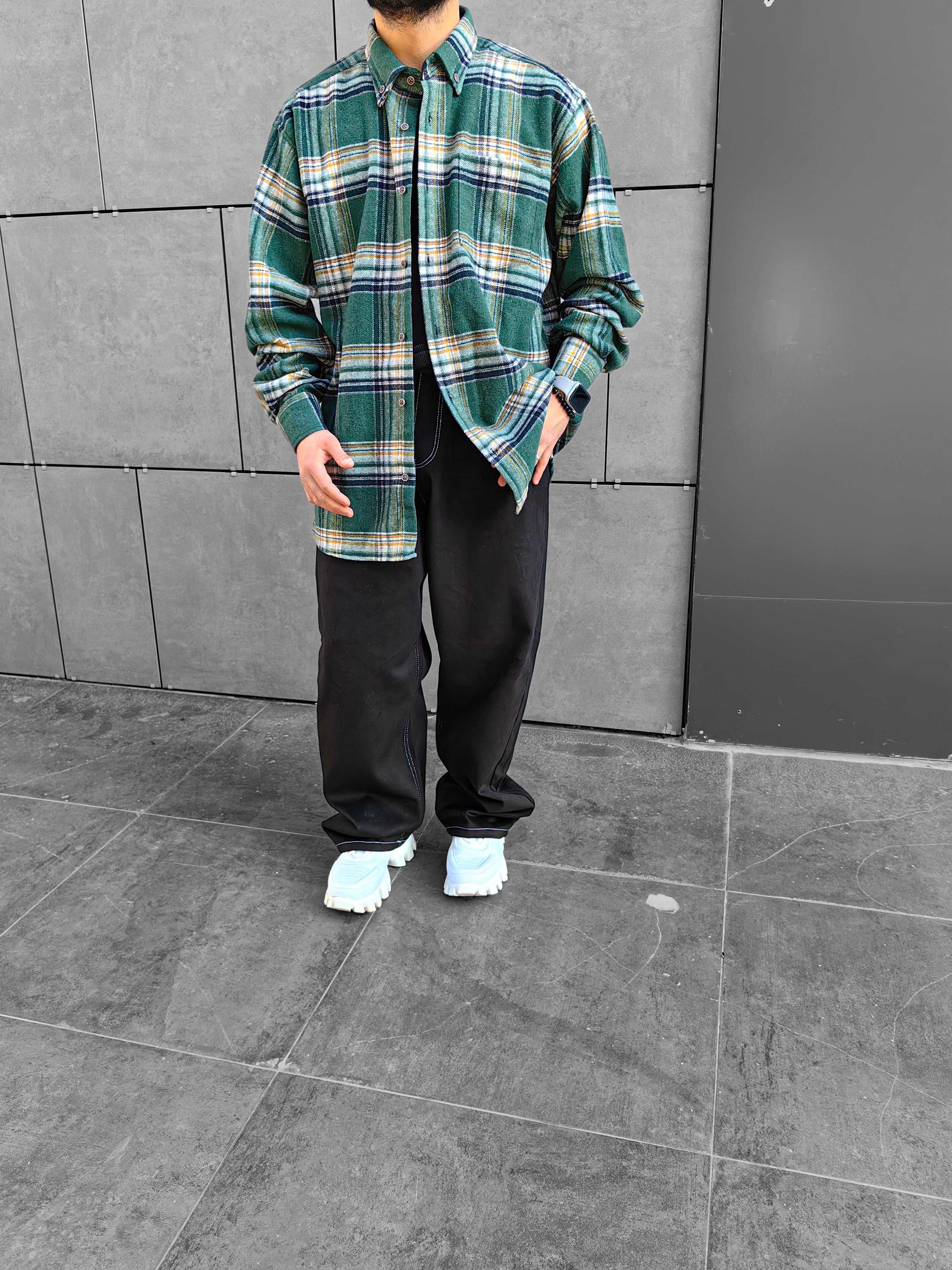 Yeşil Vintage Desenli Oversize Oduncu Gömleği