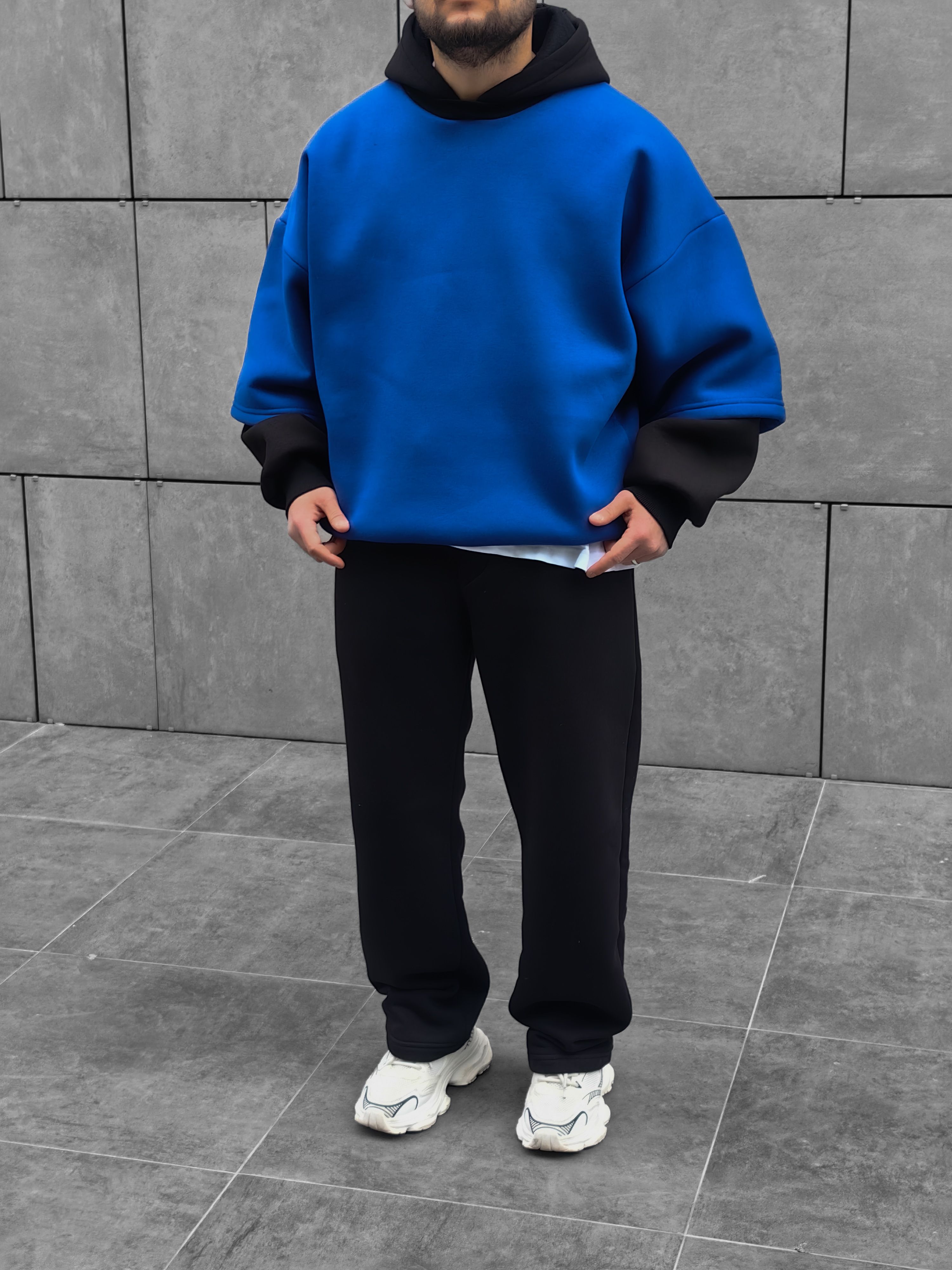 Sax Blue Çift Katlı Basic Extra Oversize Hoodie